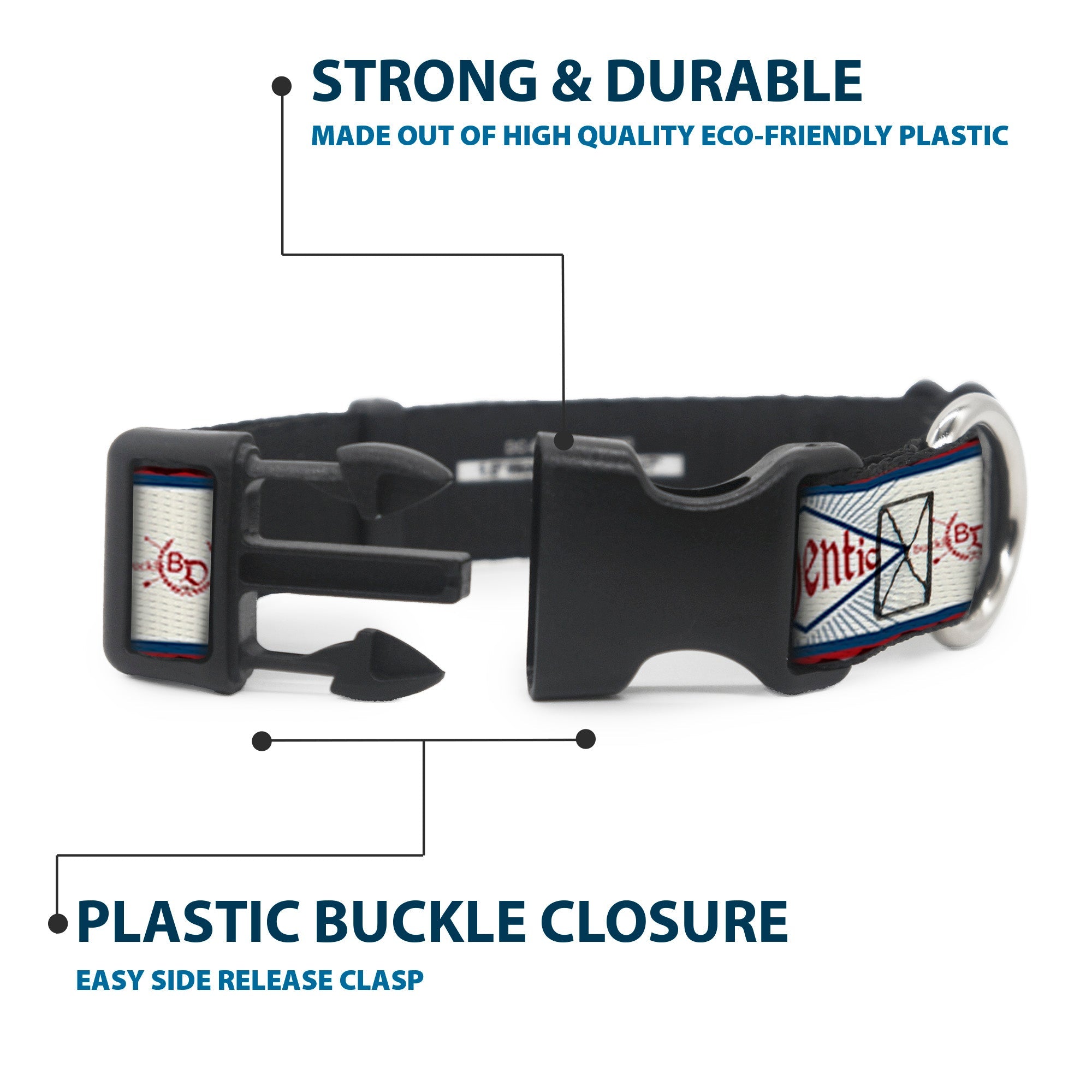 Plastic Clip Collar - Buckle-Down AUTHENTIC SEATBELT BELT White/Blue/Red