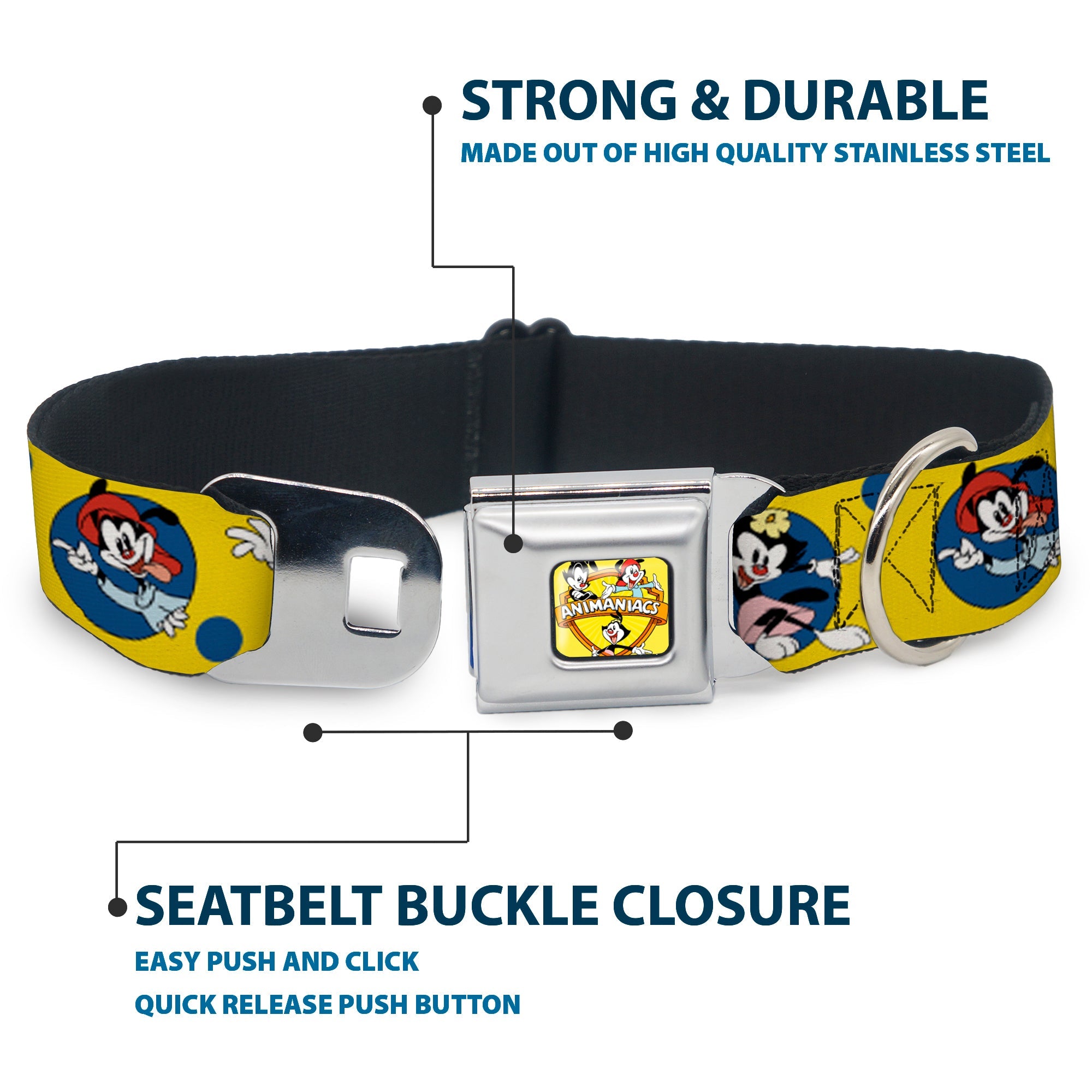 ANIMANIACS Title Logo Full Color Yellow Seatbelt Buckle Collar - Animaniacs Yakko Wakko and Dot Poses Yellow/Blue