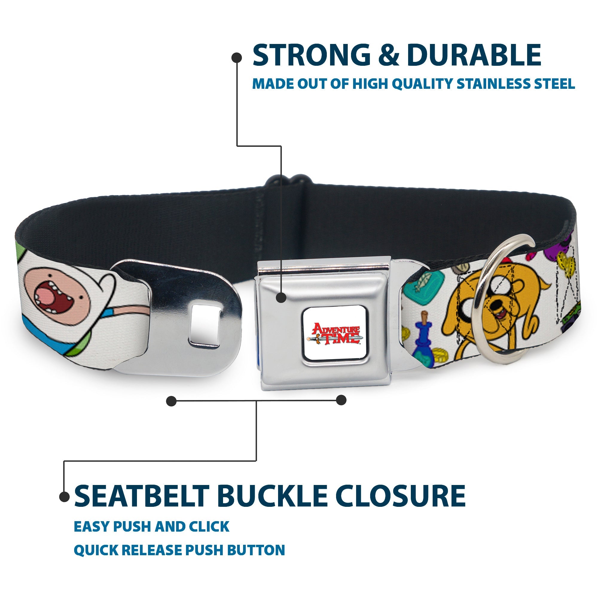 ADVENTURE TIME Title Logo Full Color White Seatbelt Buckle Collar - Adventure Time Jake and Finn Open Pack Pose White