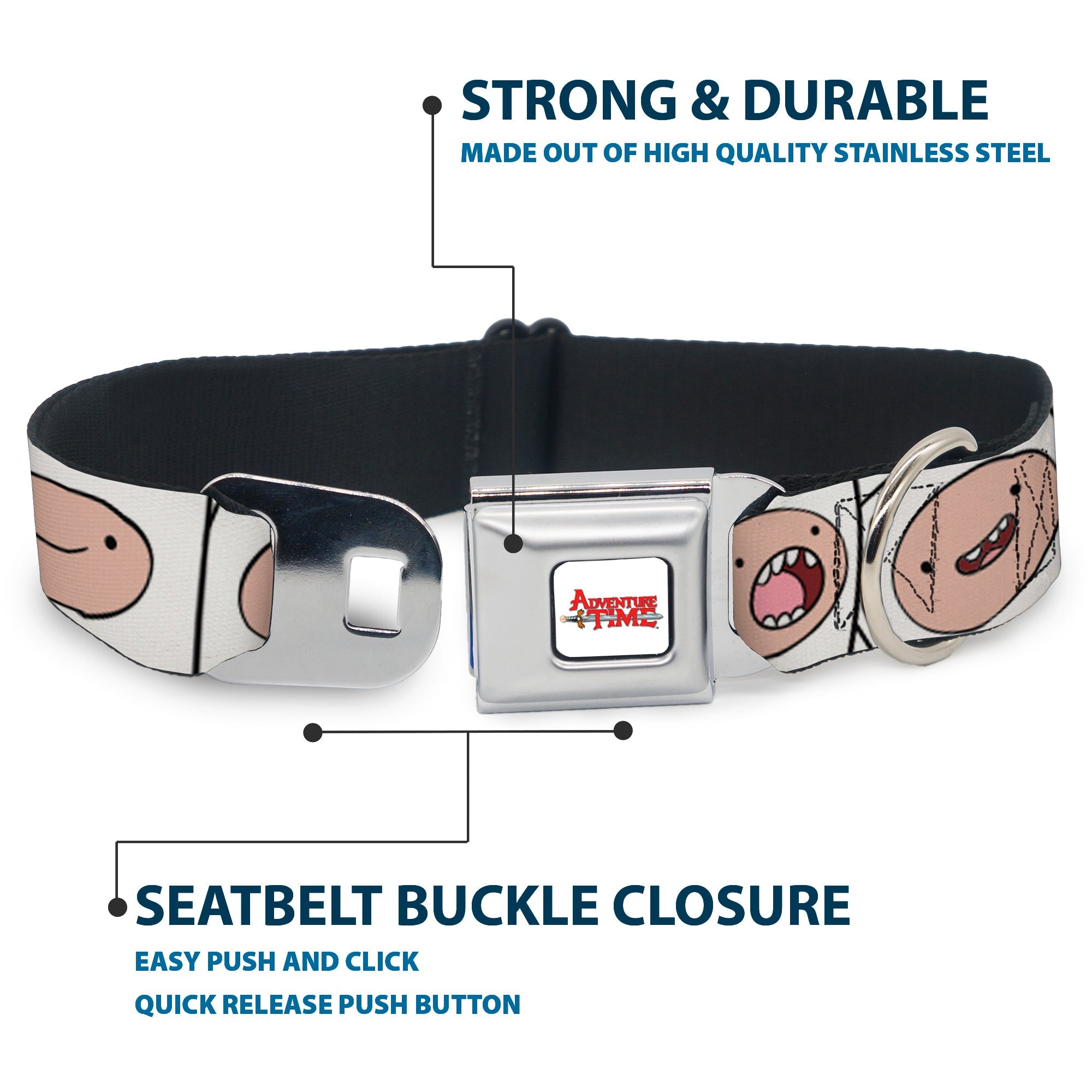 ADVENTURE TIME Title Logo Full Color White Seatbelt Buckle Collar - Adventure Time Finn Expression Blocks White