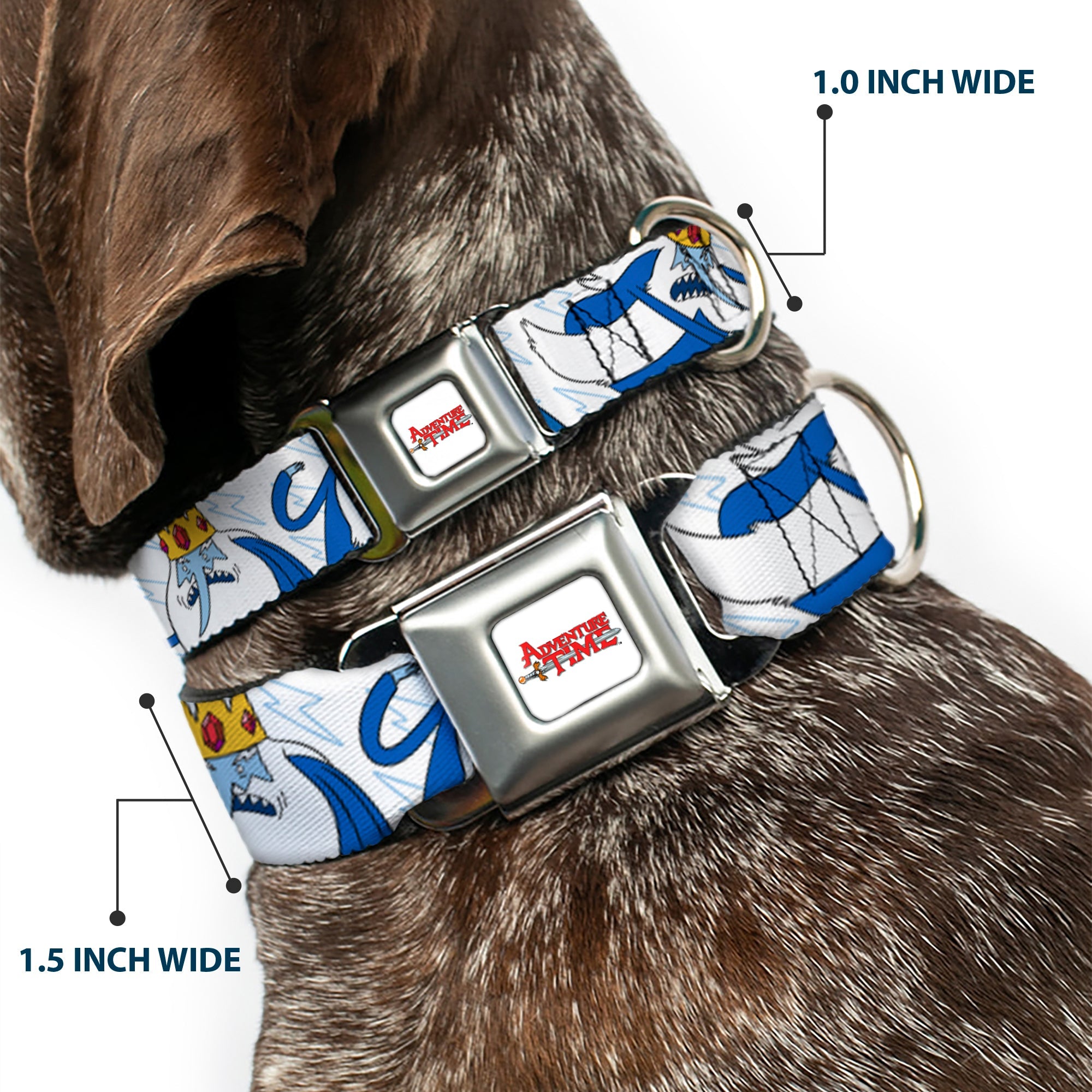 ADVENTURE TIME Title Logo Full Color White Seatbelt Buckle Collar - Adventure Time Ice King Poses and Bolts White/Blue