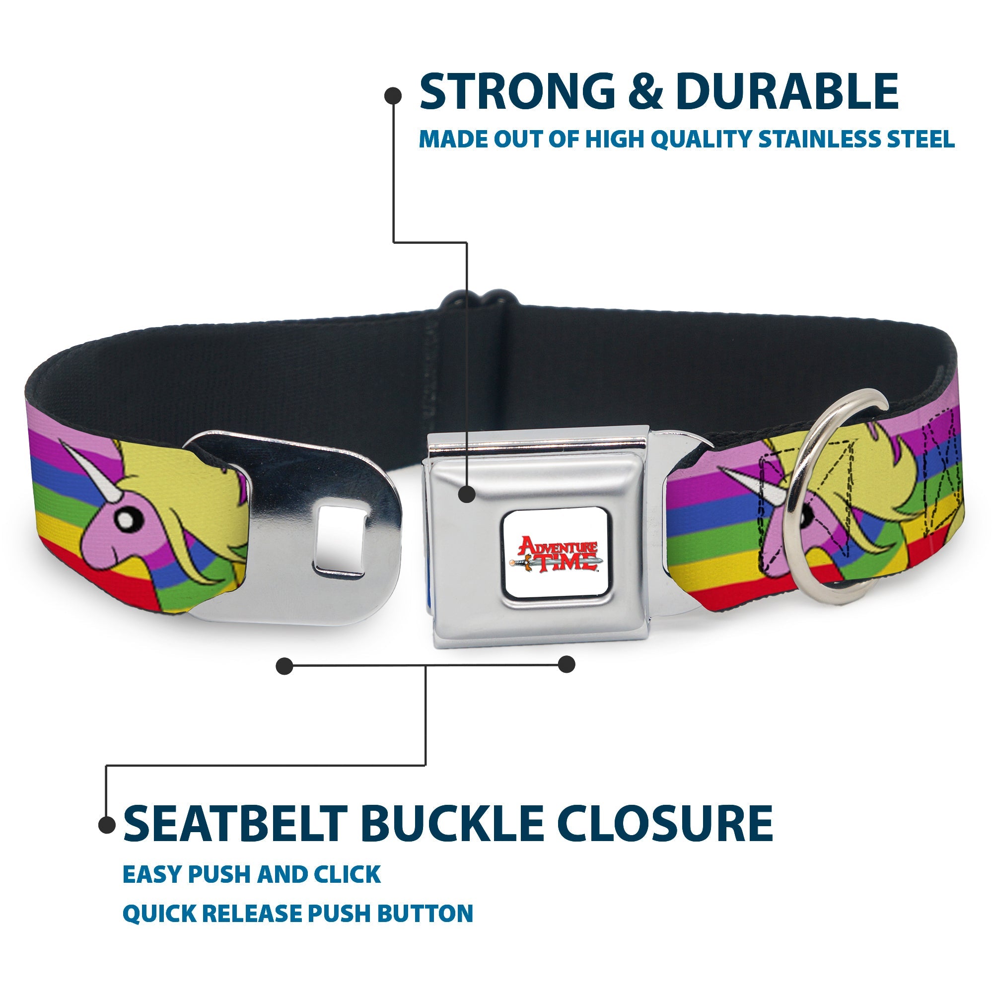 ADVENTURE TIME Title Logo Full Color White Seatbelt Buckle Collar - Adventure Time Lady Raincorn Poses Stripe Rainbow