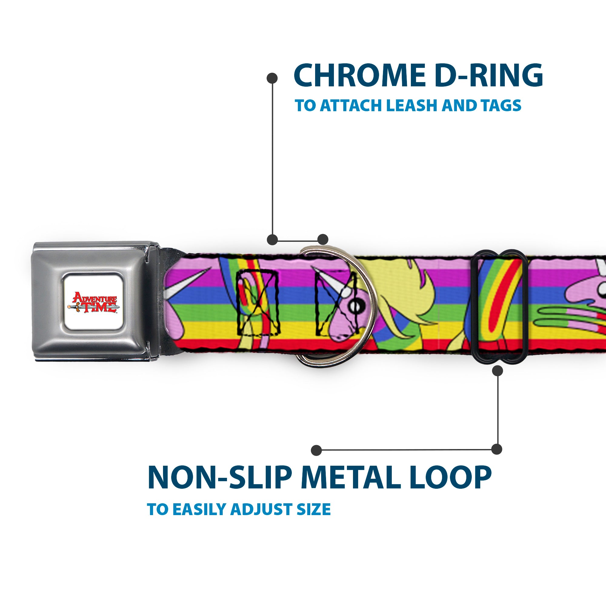ADVENTURE TIME Title Logo Full Color White Seatbelt Buckle Collar - Adventure Time Lady Raincorn Poses Stripe Rainbow
