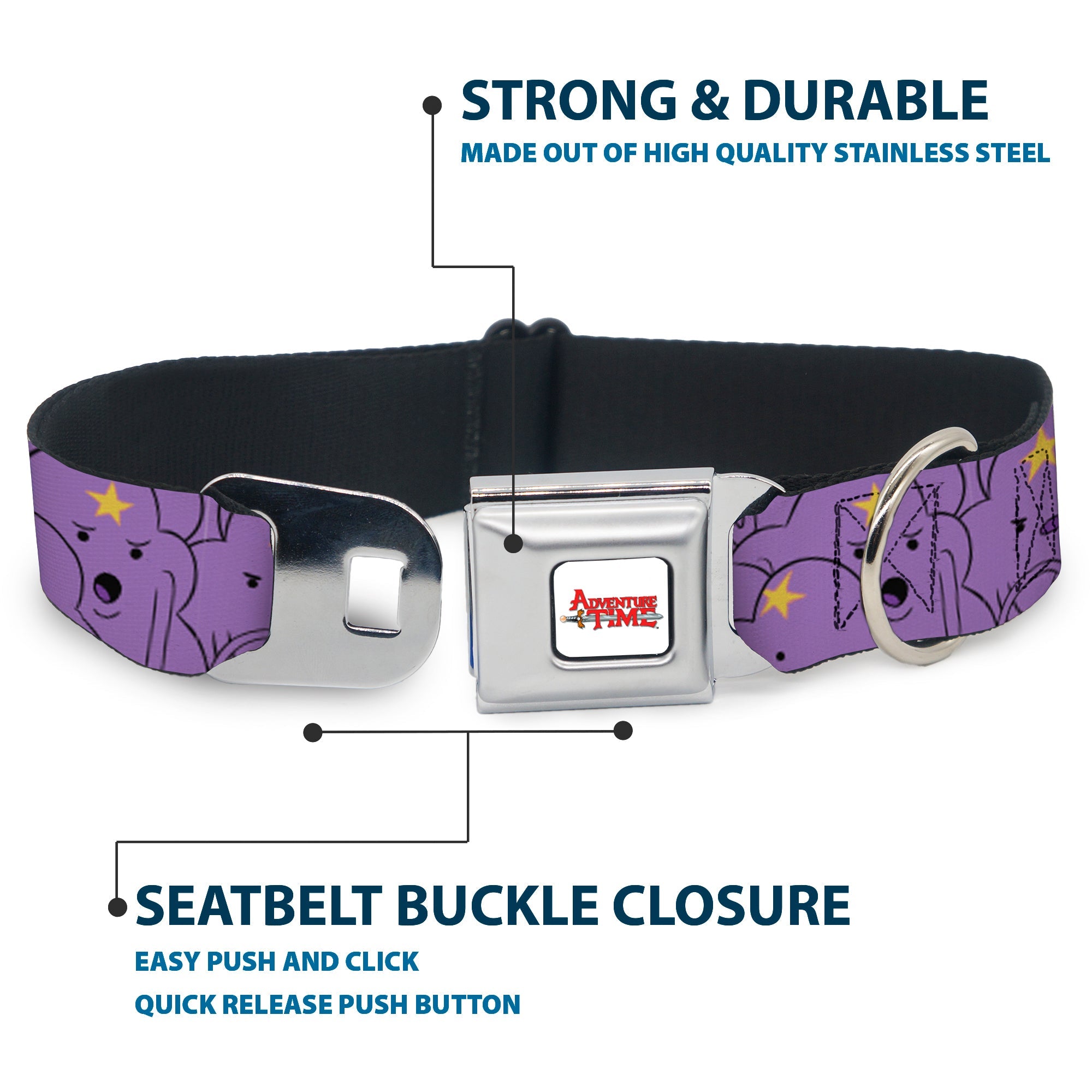 ADVENTURE TIME Title Logo Full Color White Seatbelt Buckle Collar - Adventure Time Lumpy Space Princess Expressions Stacked Lavender