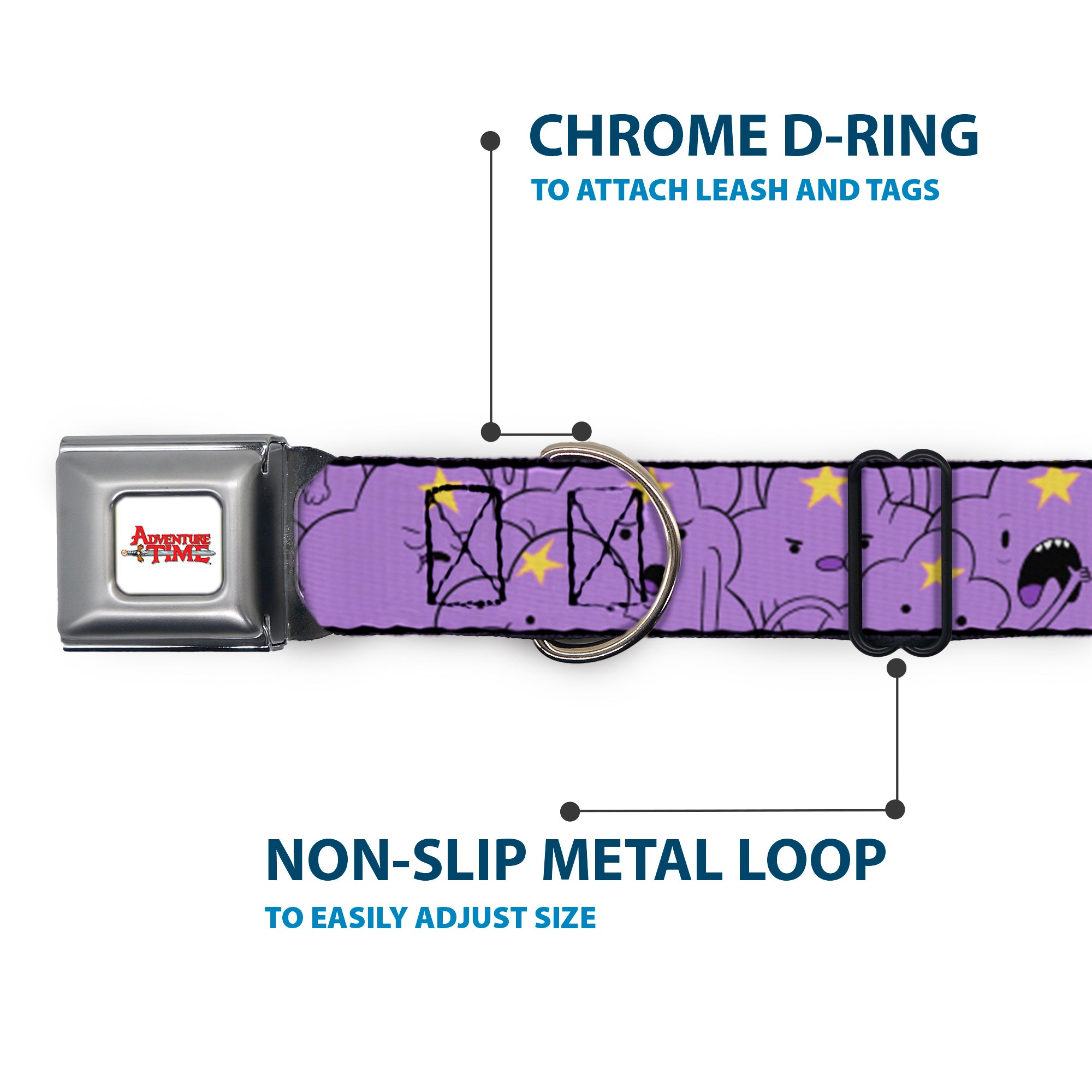 ADVENTURE TIME Title Logo Full Color White Seatbelt Buckle Collar - Adventure Time Lumpy Space Princess Expressions Stacked Lavender