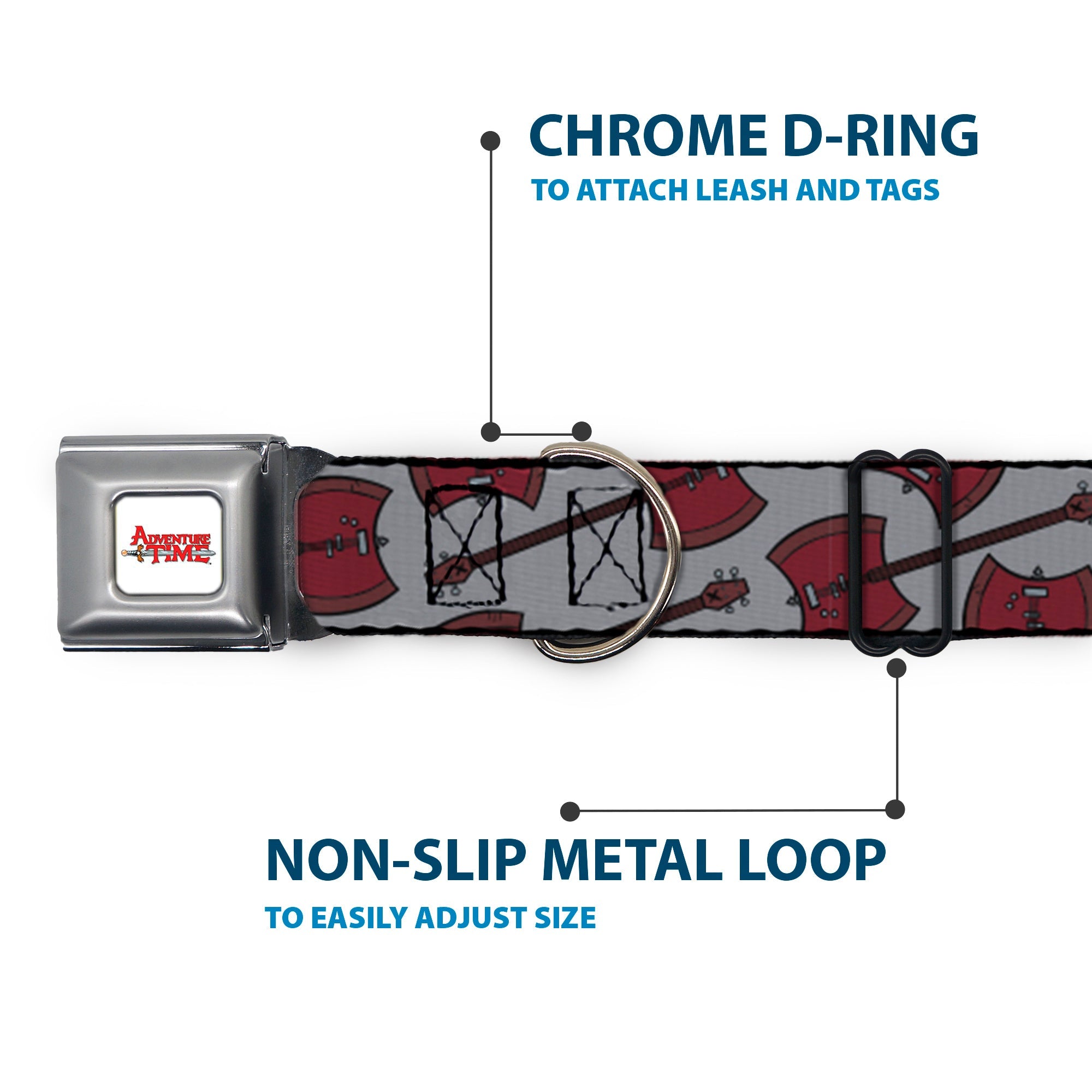 ADVENTURE TIME Title Logo Full Color White Seatbelt Buckle Collar - Adventure Time Marceline's Axe Bass Guitar Scattered Gray