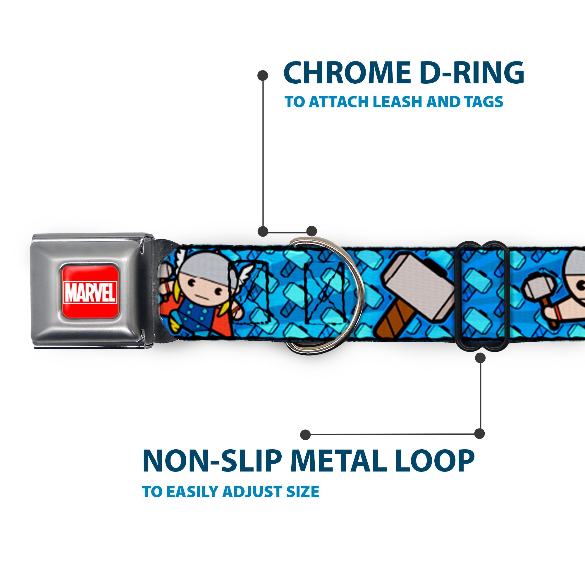 MARVEL UNIVERSE MARVEL Full Color Red White Seatbelt Buckle Collar - Kawaii Thor Poses/Hammer Monogram Blues