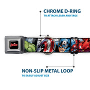 MARVEL AVENGERS Logo Full Color Black/Red/White Seatbelt Buckle Collar - Marvel Avengers 4-Superhero Poses CLOSE-UP