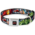 Load image into Gallery viewer, MARVEL AVENGERS Logo Full Color Black/Red/White Seatbelt Buckle Collar - Marvel Avengers 4-Superhero Poses CLOSE-UP
