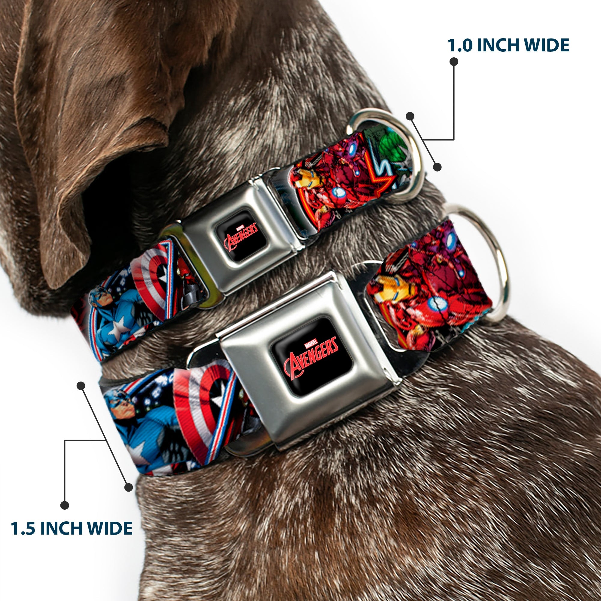 Southlake Paws MARVEL AVENGERS Logo Seatbelt Buckle Collar features colorful superhero poses on a black background, 1.5 inche