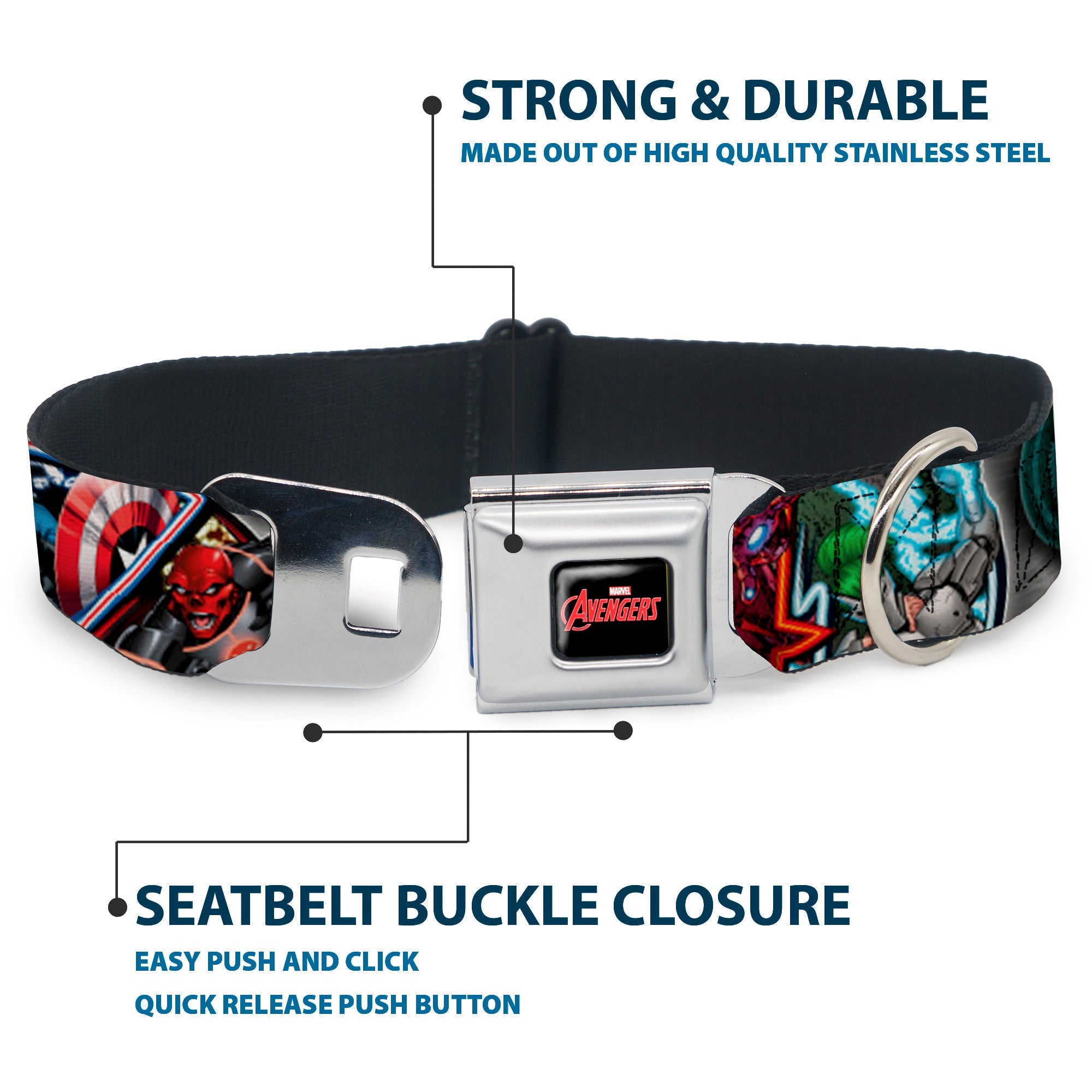 Southlake Paws MARVEL AVENGERS Seatbelt Buckle Collar featuring colorful superhero and villain poses, durable stainless steel