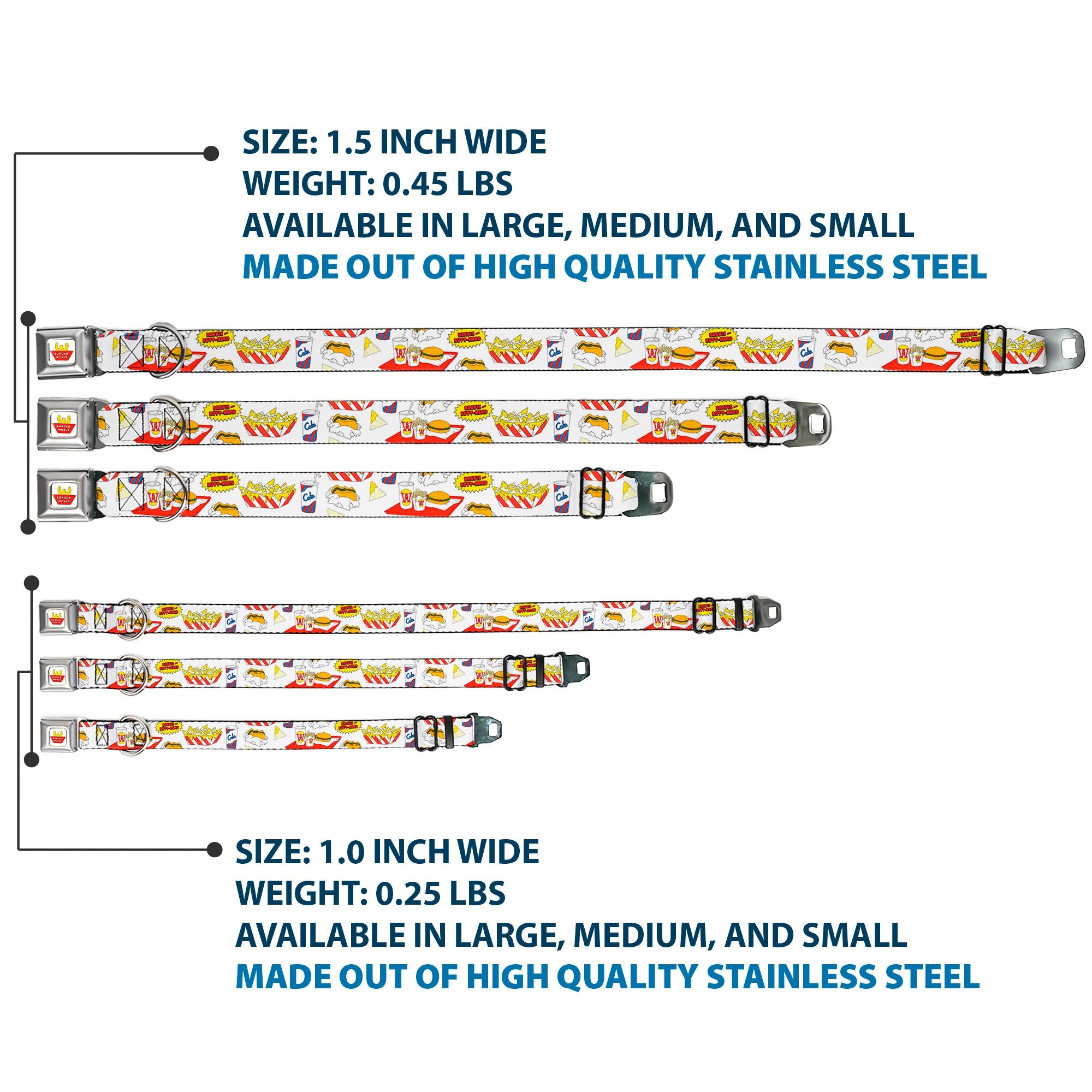 Beavis and Butt-Head BURGER WORLD Logo Full Color White Seatbelt Buckle Collar - BEAVIS AND BUTT-HEAD Burger World Icons Collage White