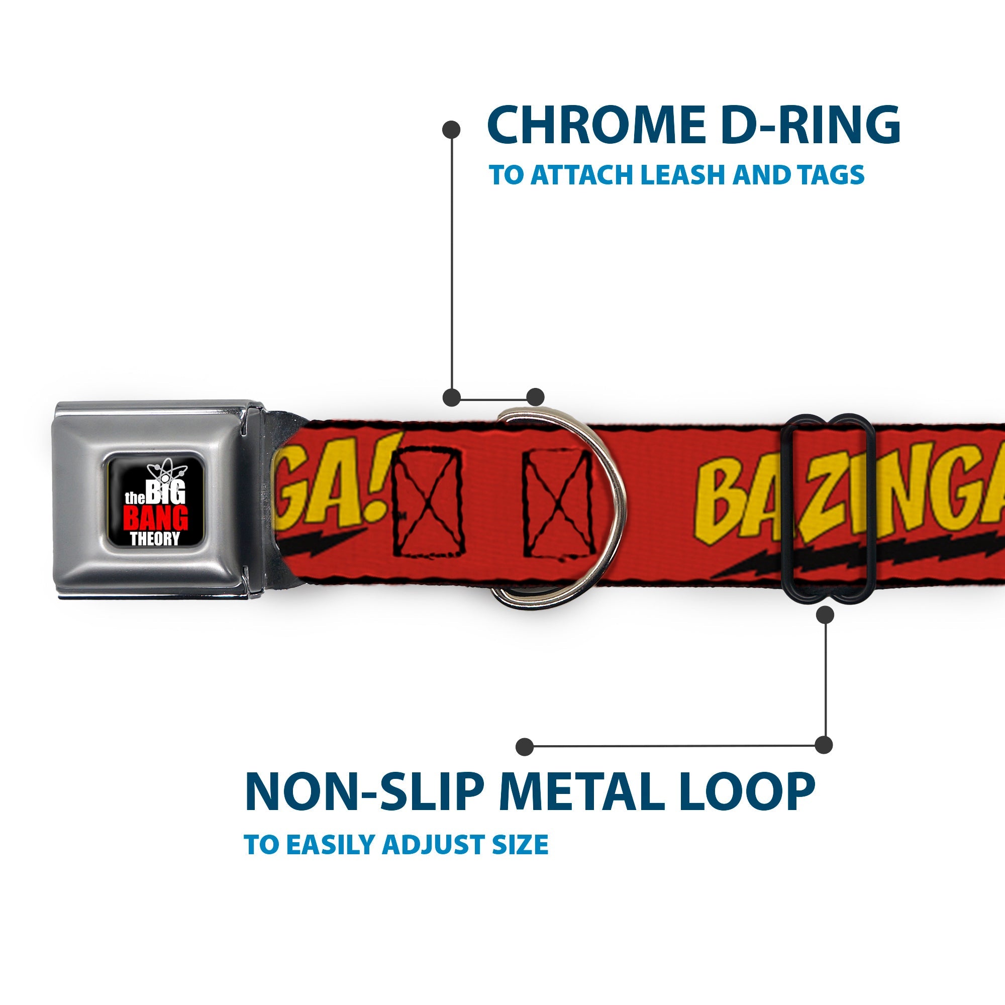 THE BIG BANG THEORY Full Color Black White Red Seatbelt Buckle Collar - BAZINGA! Red/Gold/Black
