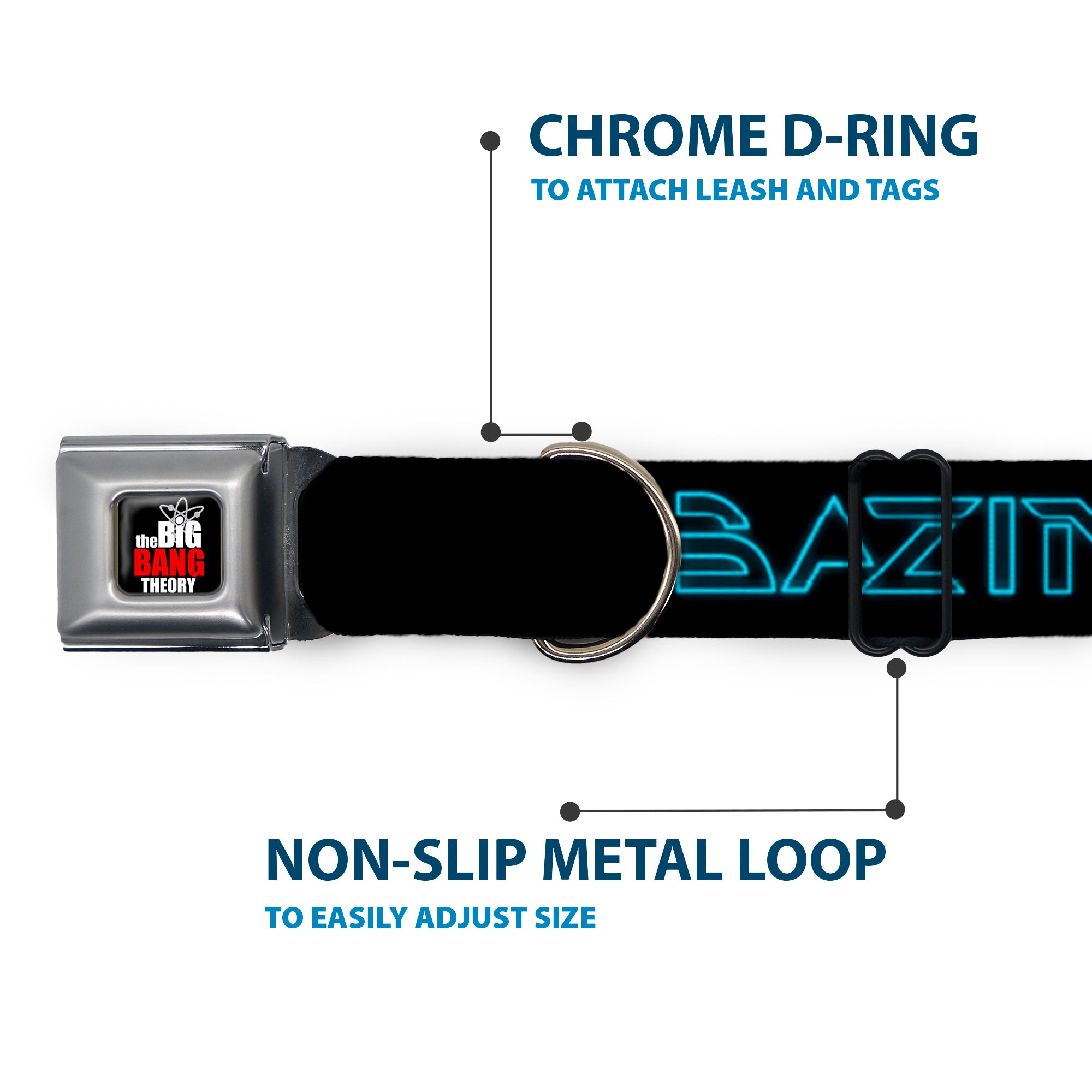 THE BIG BANG THEORY Full Color Black White Red Seatbelt Buckle Collar - Sheldon/BAZINGA! Black/Blue Glow