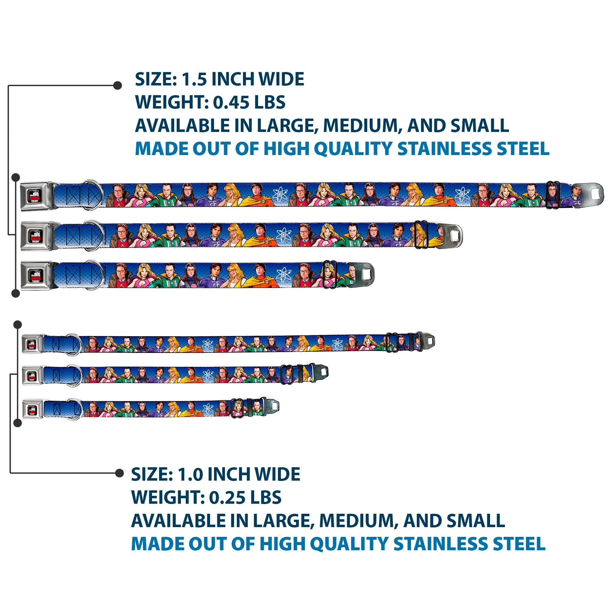 THE BIG BANG THEORY Full Color Black White Red Seatbelt Buckle Collar - The Big Bang Theory Superhero Characters Group Blue Dot Fade