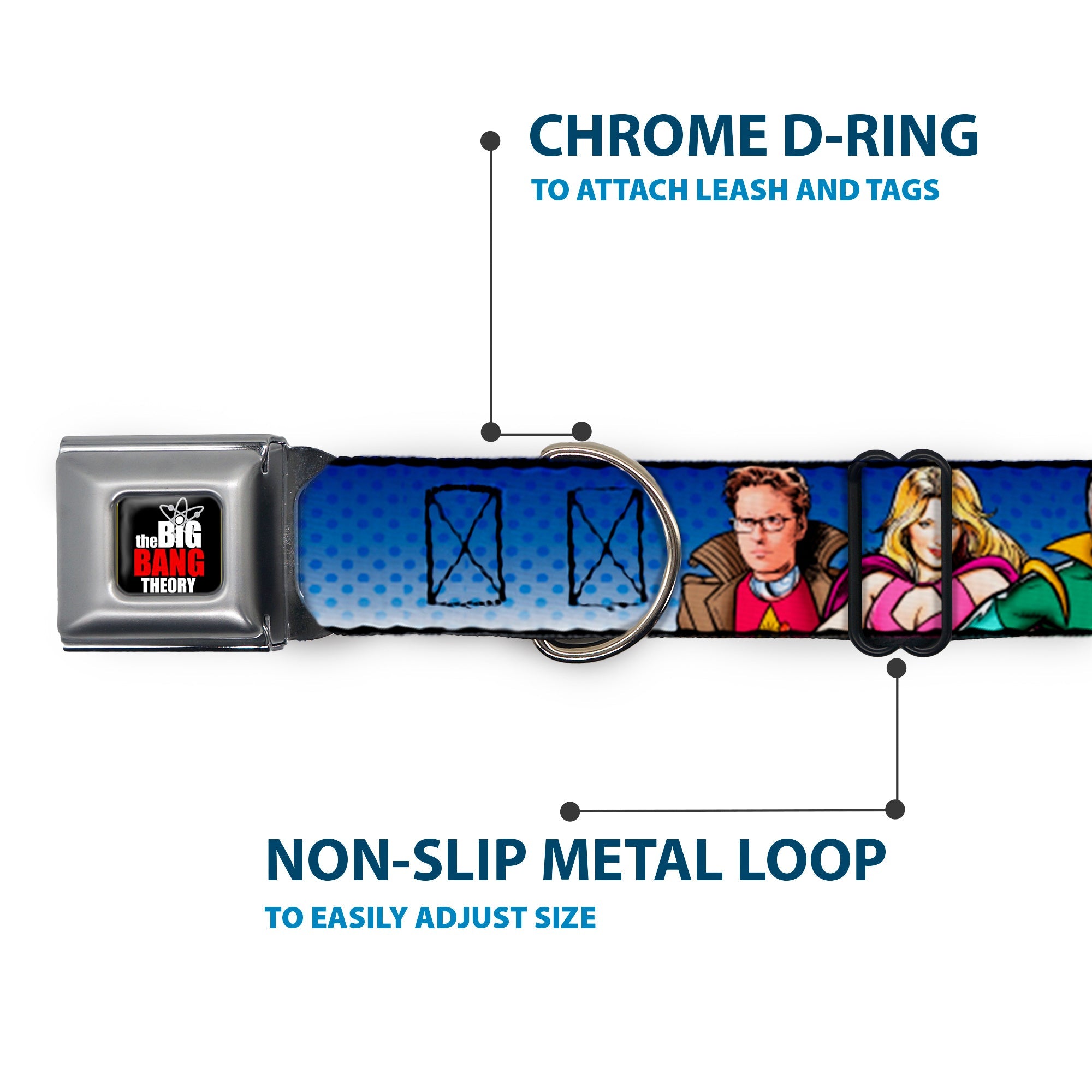 THE BIG BANG THEORY Full Color Black White Red Seatbelt Buckle Collar - The Big Bang Theory Superhero Characters Group Blue Dot Fade