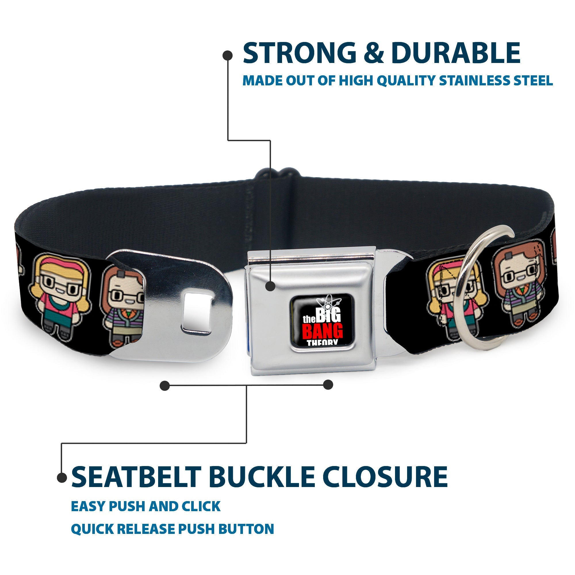 THE BIG BANG THEORY Full Color Black White Red Seatbelt Buckle Collar - Big Bang Theory Chibi Characters Black
