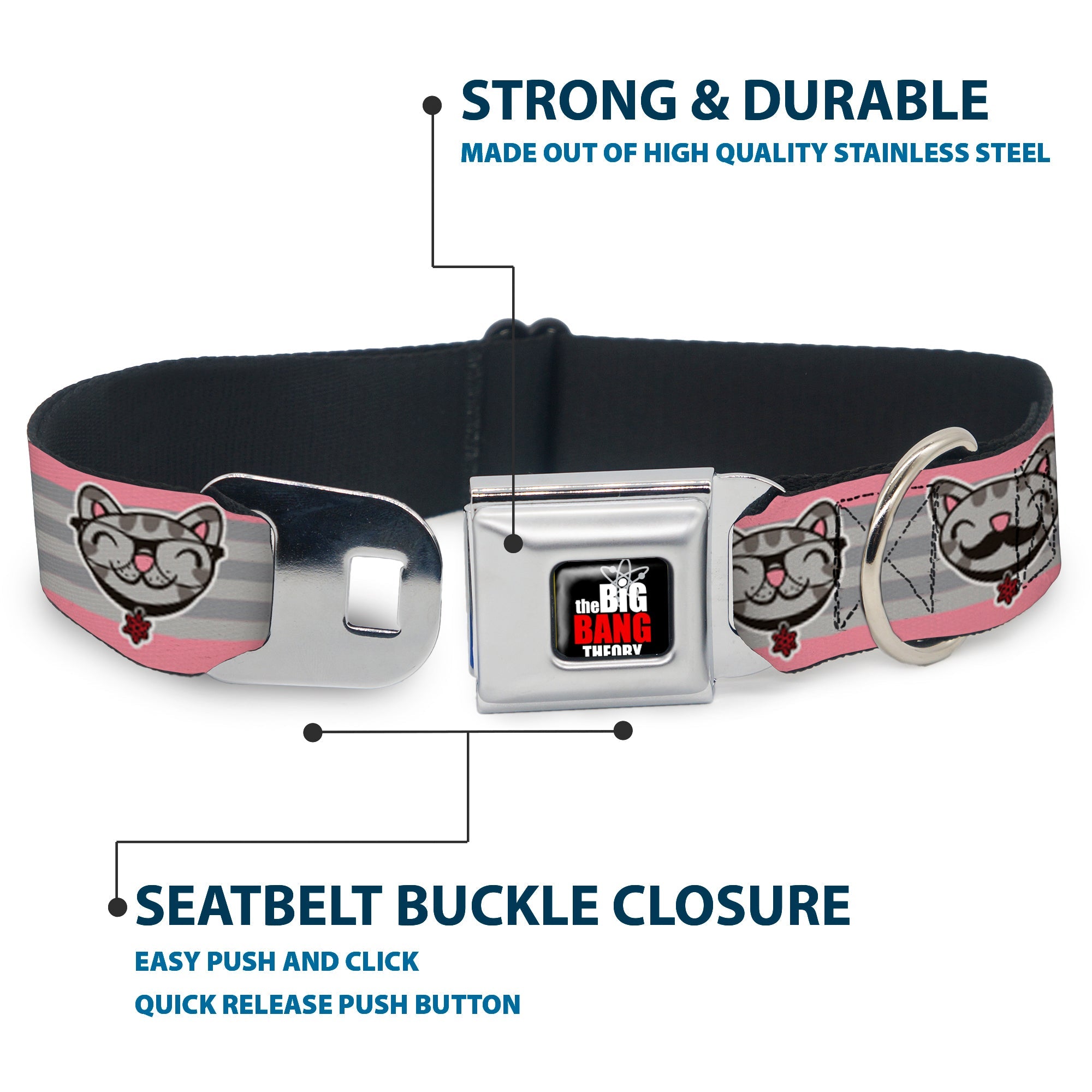 THE BIG BANG THEORY Full Color Black White Red Seatbelt Buckle Collar - Soft Kitty Nerd/Mustacho Expressions Stripe Grays