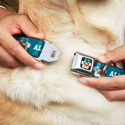 Beach Dawg Care Paw Logo Full Color Black Seatbelt Buckle Collar - BEACH DAWG CARE ALL DOGS ARE EQUAL Turquoise/White