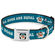 Beach Dawg Care Paw Logo Full Color Black Seatbelt Buckle Collar - BEACH DAWG CARE ALL DOGS ARE EQUAL Turquoise/White