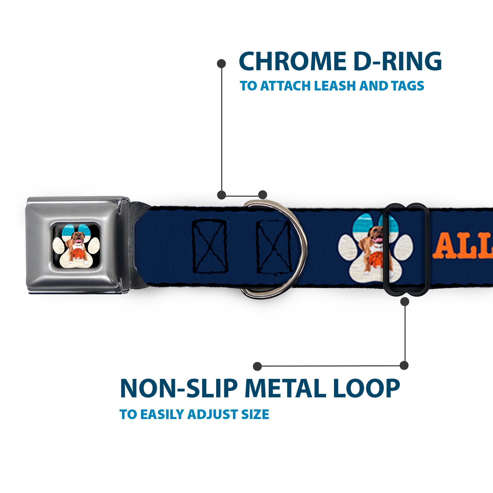 Beach Dawg Care Paw Logo Full Color Black Seatbelt Buckle Collar - BEACH DAWG CARE ALL DOGS ARE EQUAL Navy/Oange