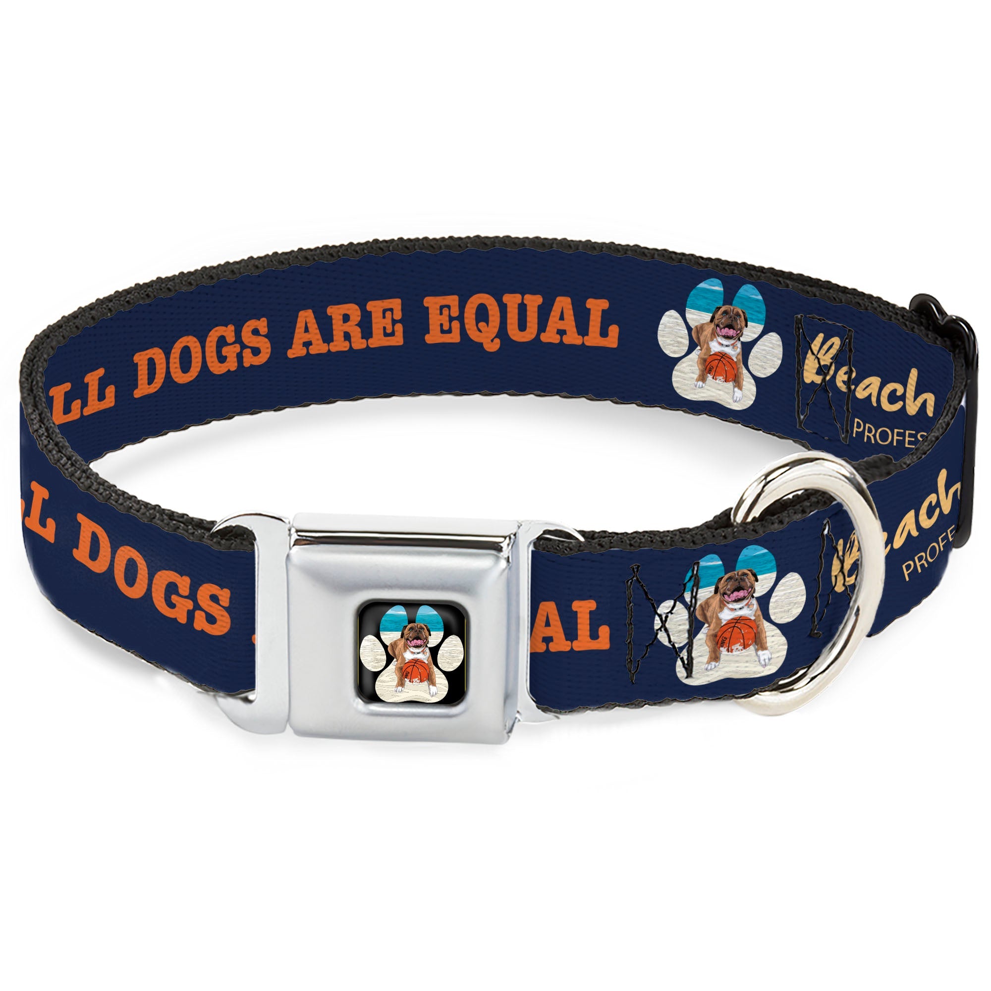 Beach Dawg Care Paw Logo Full Color Black Seatbelt Buckle Collar - BEACH DAWG CARE ALL DOGS ARE EQUAL Navy/Oange