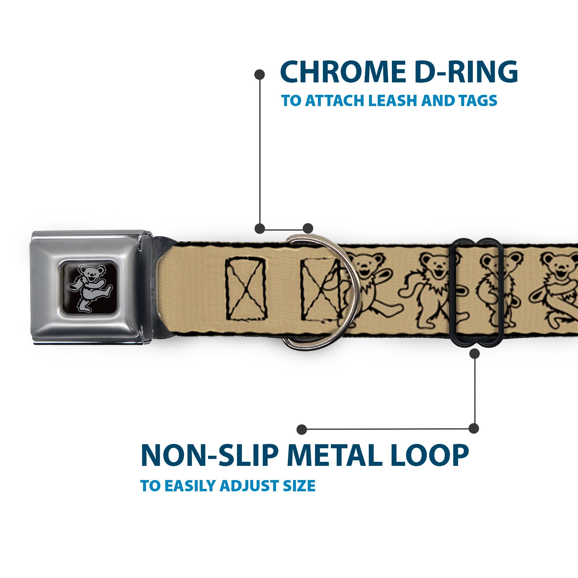 Grateful Dead Bear Seatbelt Buckle Collar - Dancing Bears Tan/Black