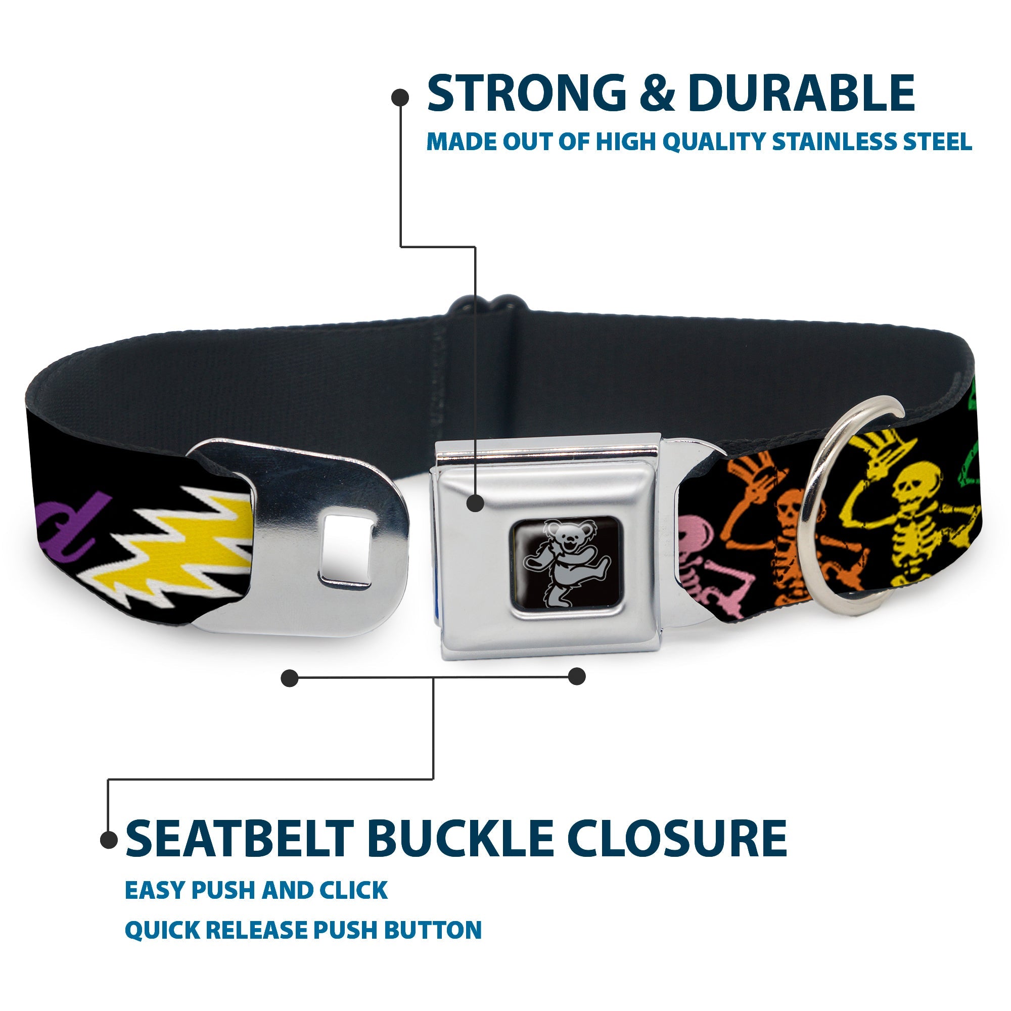 Dancing Bear Black/Silver Seatbelt Buckle Collar - Grateful Dead Script w/Bears & Skeletons Black/Multi Color