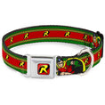 Load image into Gallery viewer, Robin "R" Logo Full Color Red/Black/Yellow Seatbelt Buckle Collar - Robin Action Pose/"R" Logo Stripe Green/Yellow/Red/Black
