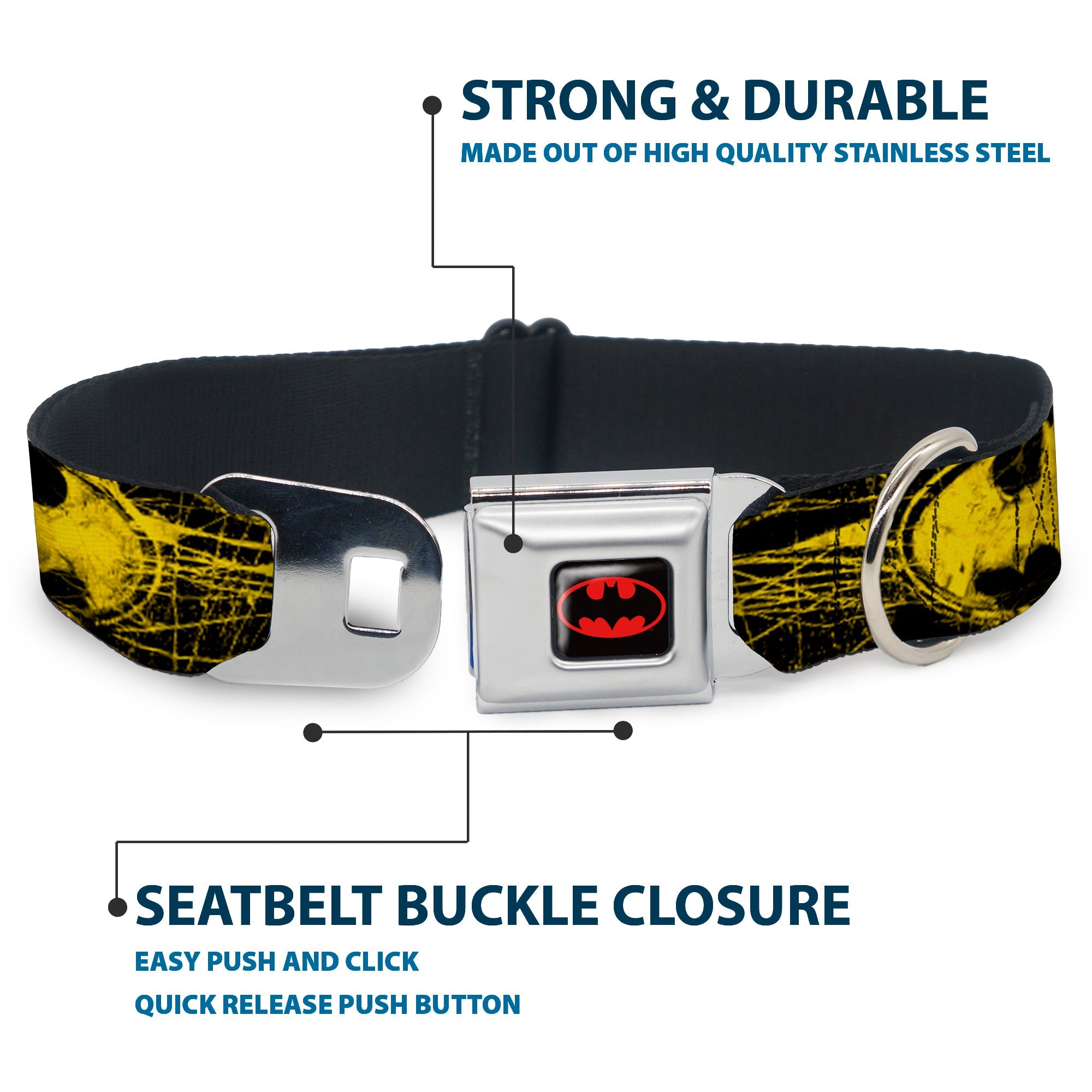 Batman Full Color Black Yellow Seatbelt Buckle Collar - Batman Shield CLOSE-UP Sketch Black/Yellow