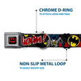 Load image into Gallery viewer, Batman Full Color Black Yellow Seatbelt Buckle Collar - Batman in Action WHOOM! Red Skyline
