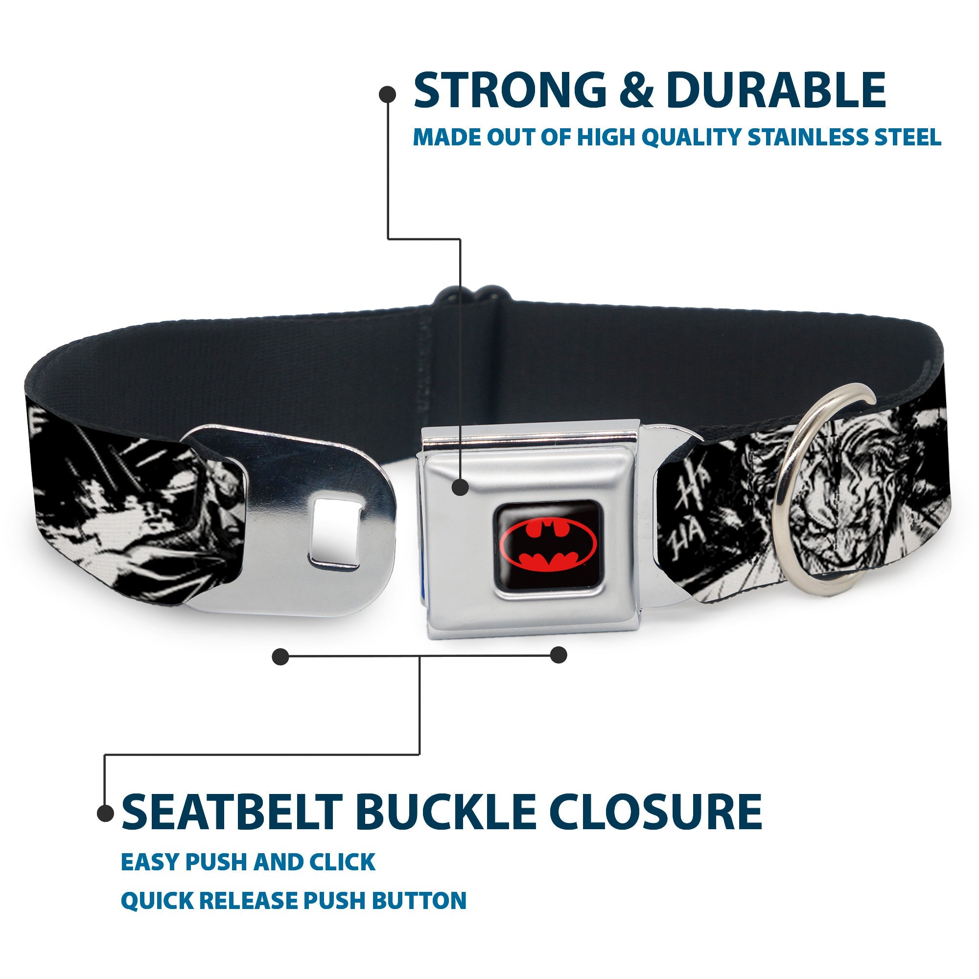 Batman Black/Yellow Seatbelt Buckle Collar - Batman THE DARK KNIGHT and Joker Smiling Sketch Close-Ups Black/White