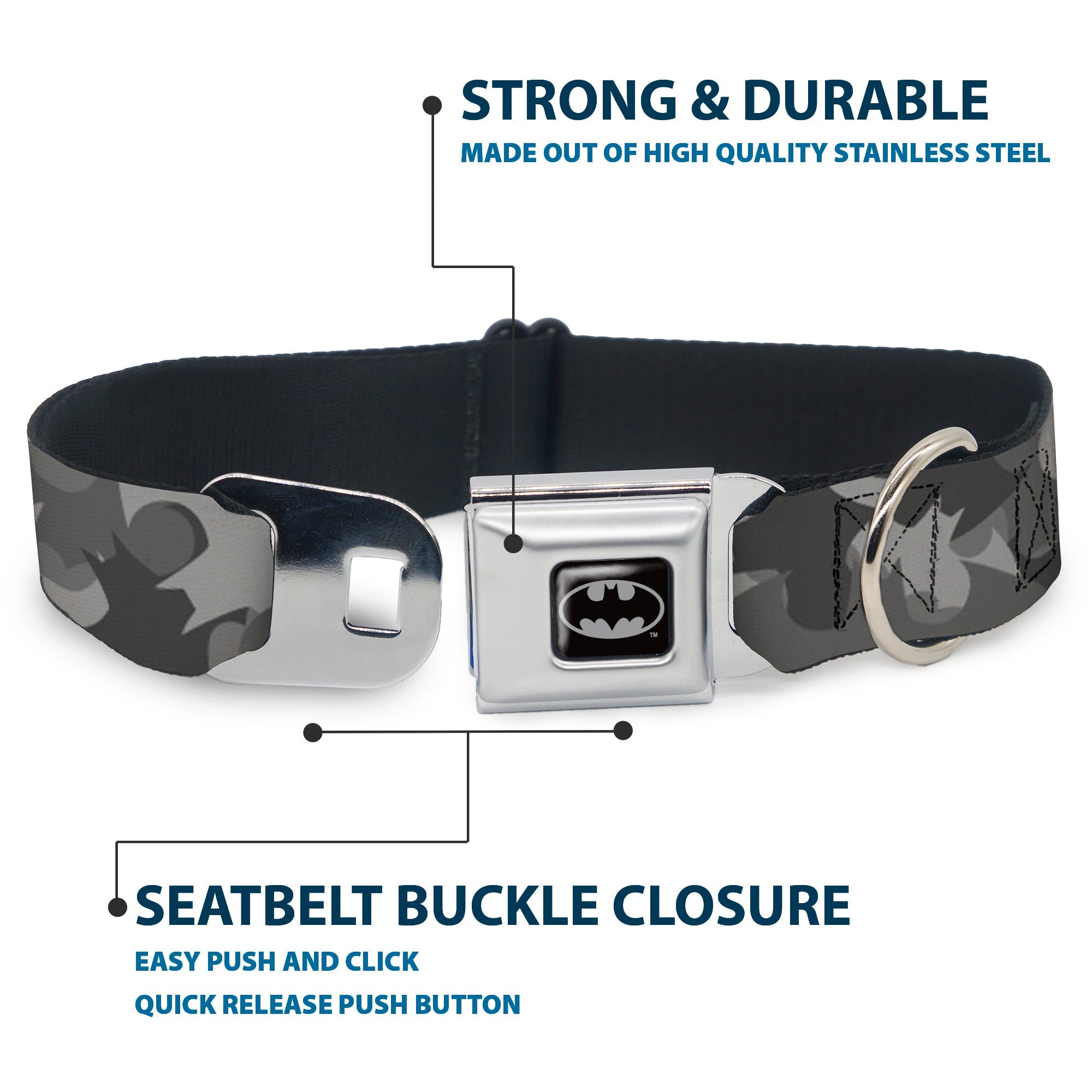 Batman Black/Silver/Black Seatbelt Buckle Collar - Bat Signal Stacked Black/Grays