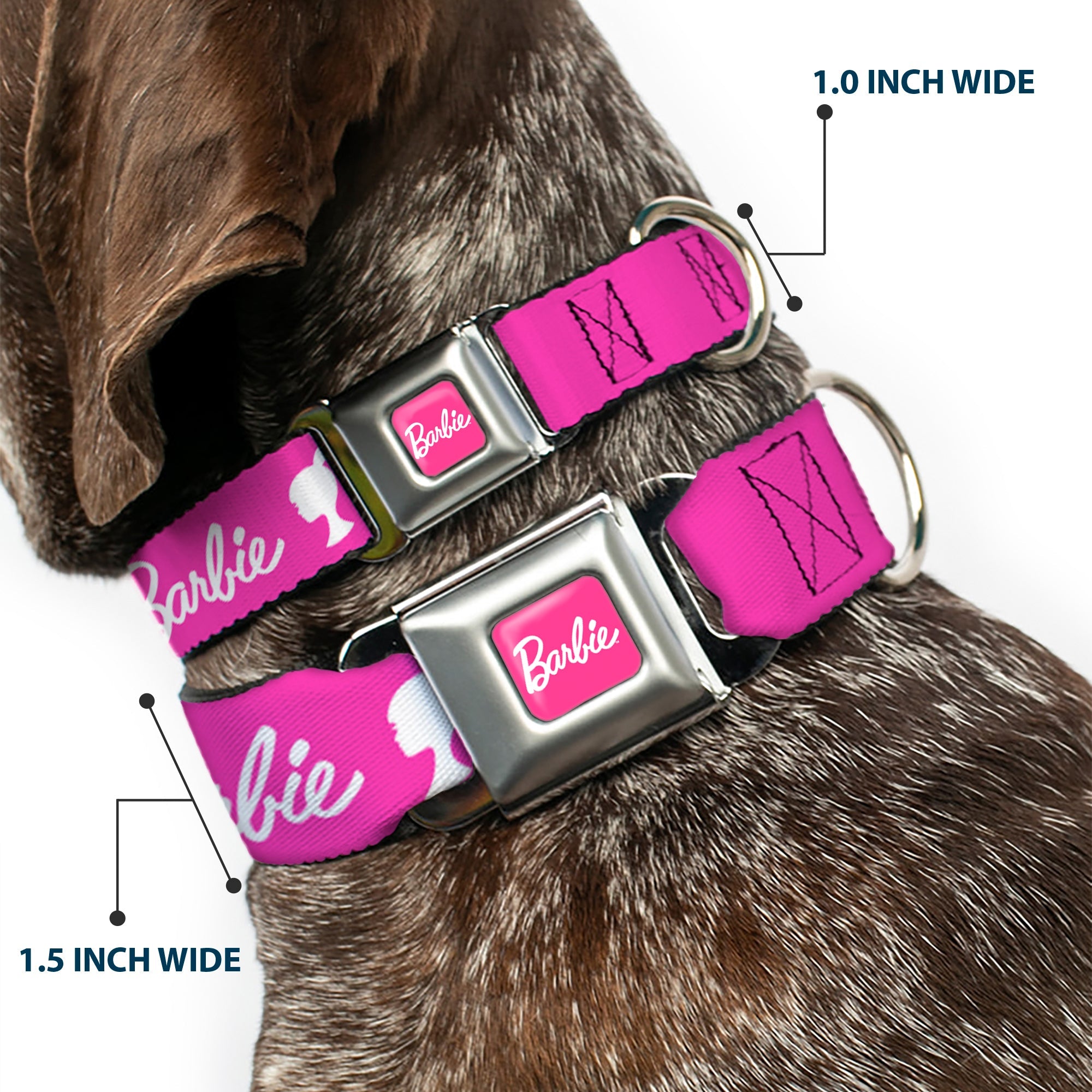 BARBIE Script Signature Full Color Hot Pink/White Seatbelt Buckle Collar - BARBIE Script Signature Logo and Silhouette Hot Pink/White