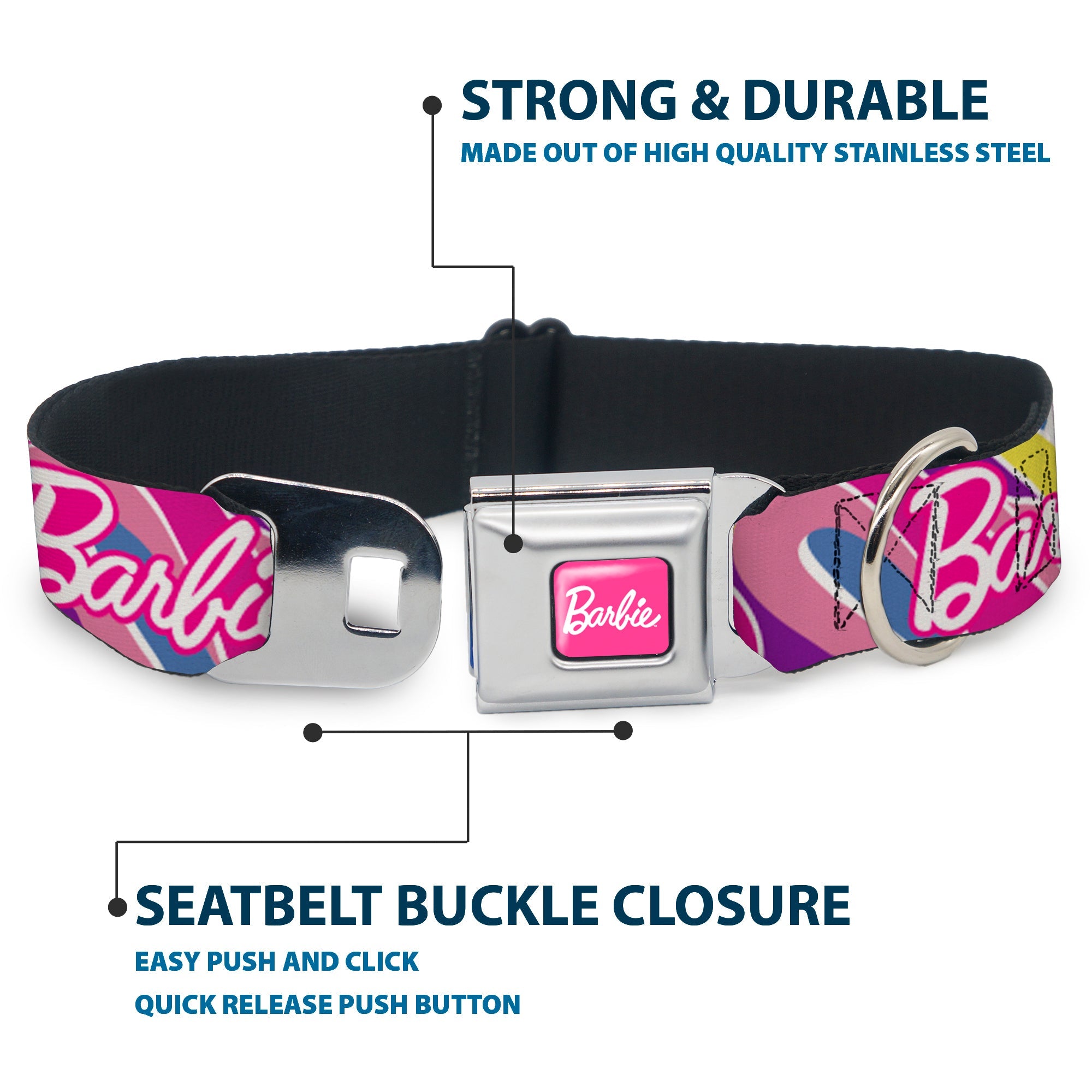 BARBIE Script Signature Full Color Hot Pink/White Seatbelt Buckle Collar - BARBIE Script Signature Logo Abstract Multi Color/White
