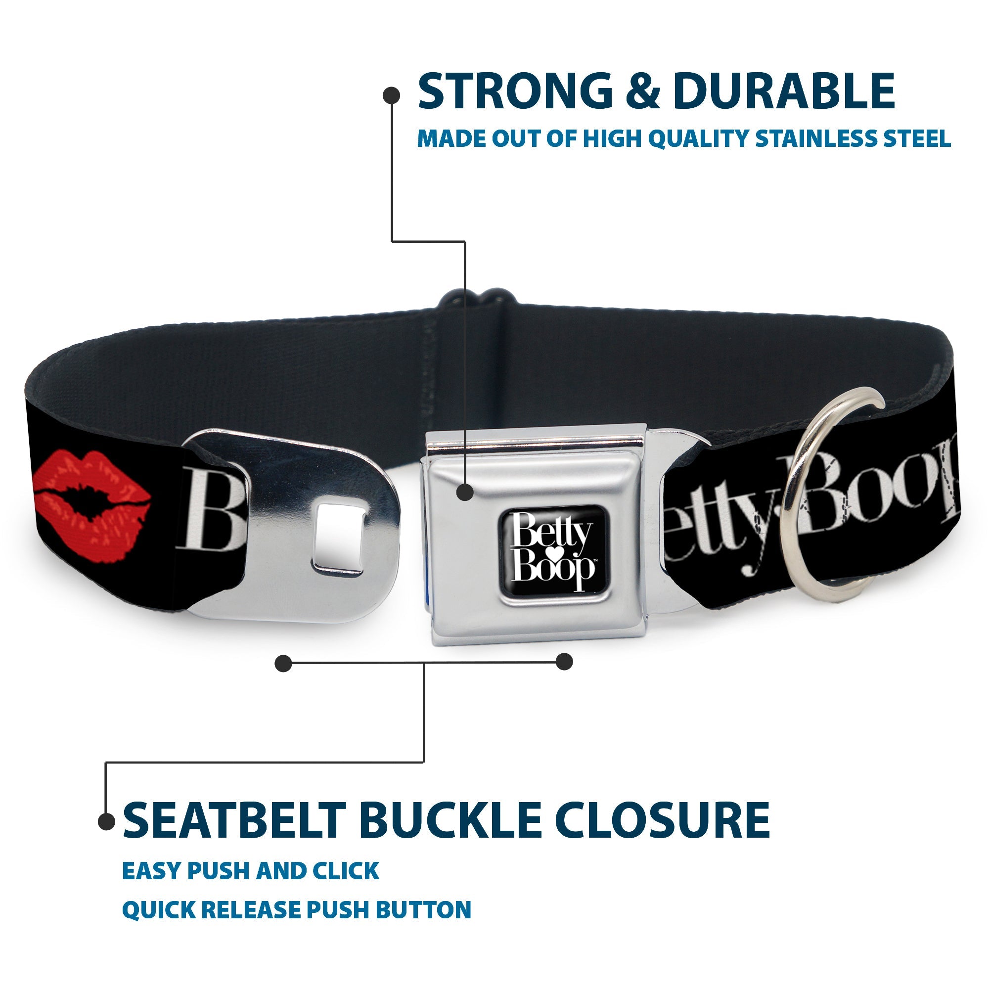 BETTY BOOP Text Heart Logo Full Color Black/White Seatbelt Buckle Collar - BETTY BOOP Text and Kiss Black/White/Red