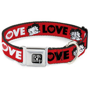 BETTY BOOP Text Heart Logo Full Color Black/White Seatbelt Buckle Collar - Betty Boop Face and LOVE Text Red/Black/White