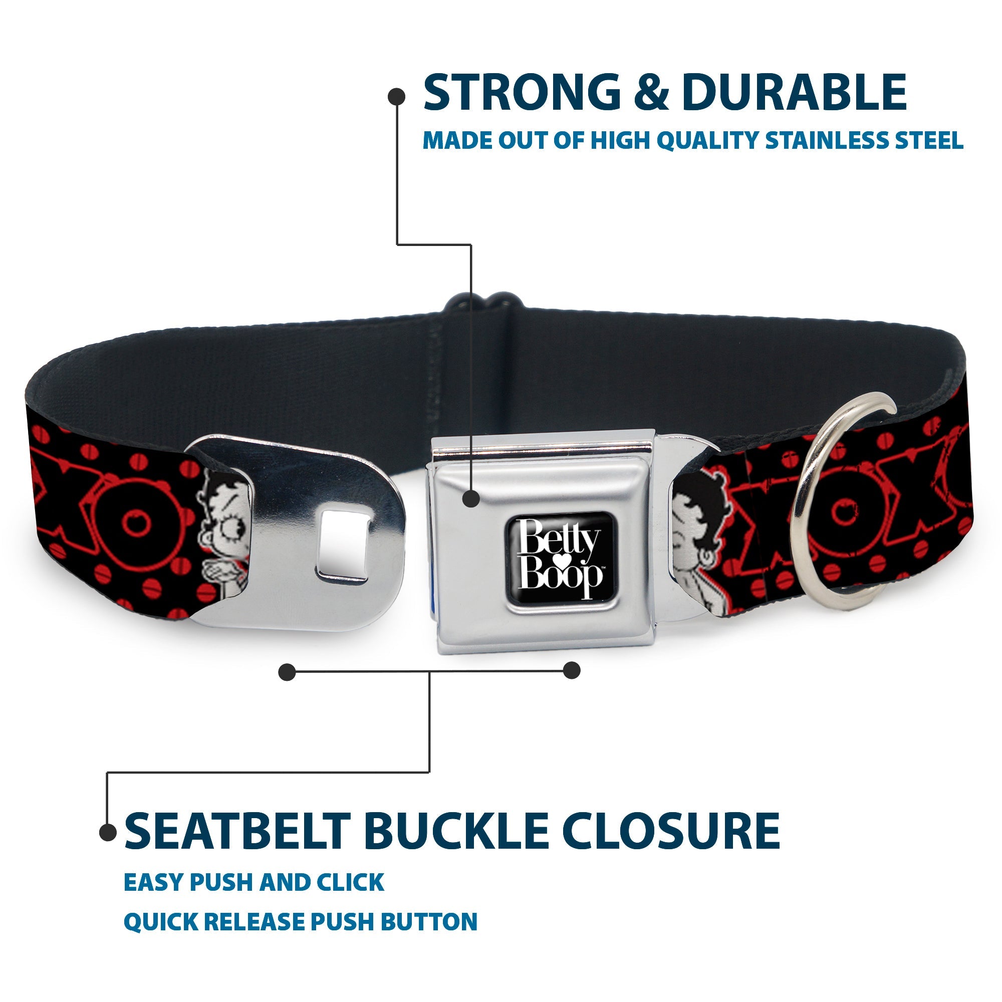 BETTY BOOP Text Heart Logo Full Color Black/White Seatbelt Buckle Collar - Betty Boop Winking Kiss Pose with XOXO Text Polka Dot Black/Red/White