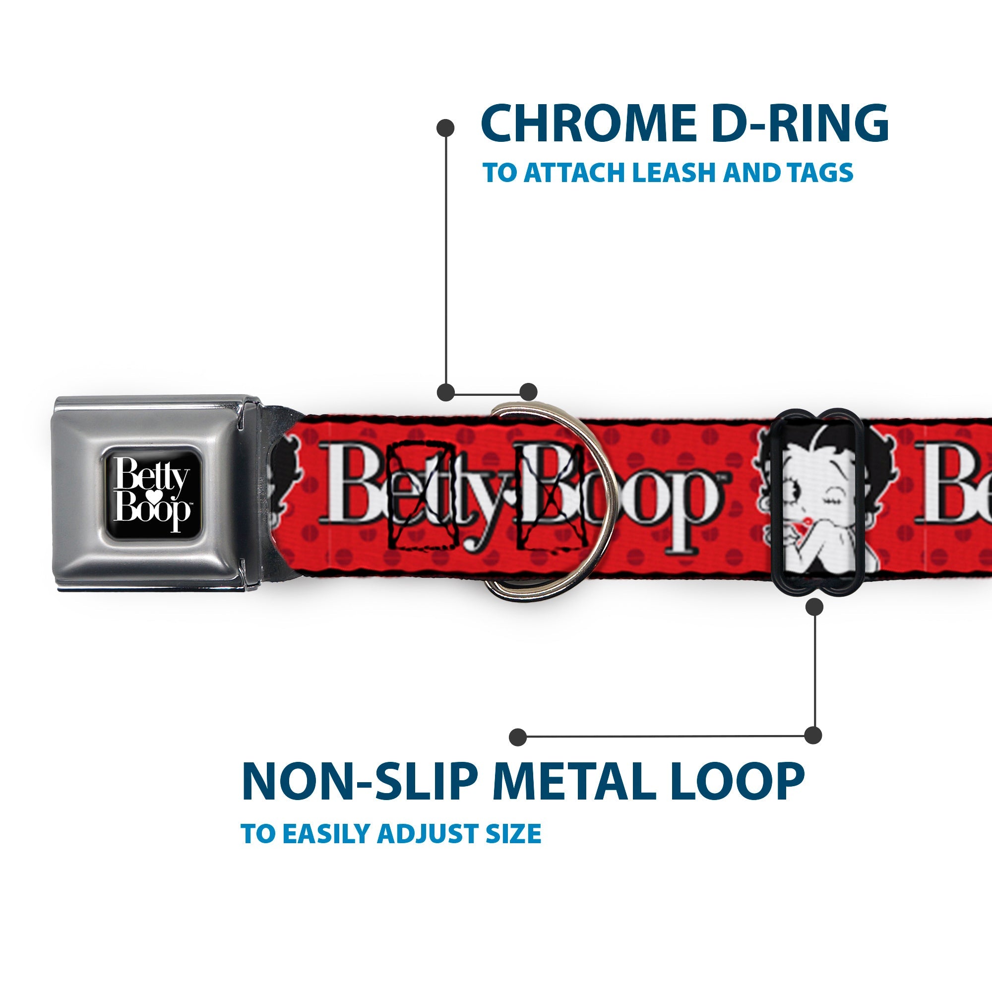 BETTY BOOP Text Heart Logo Full Color Black/White Seatbelt Buckle Collar - BETTY BOOP Winking Kiss Pose and Text Reds/Black/White