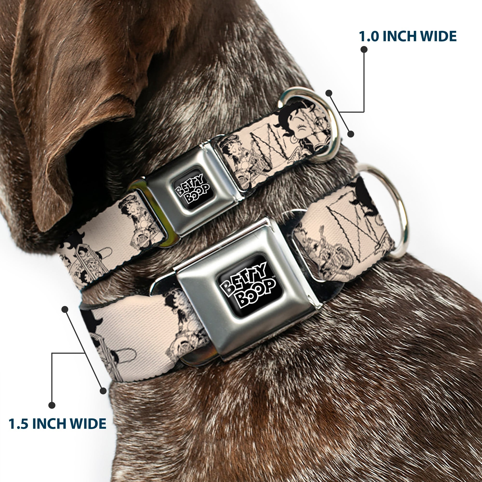 BETTY BOOP Text Heart Logo Full Color Black/White Seatbelt Buckle Collar - Betty Boop Biker Betty Poses Beige/Black