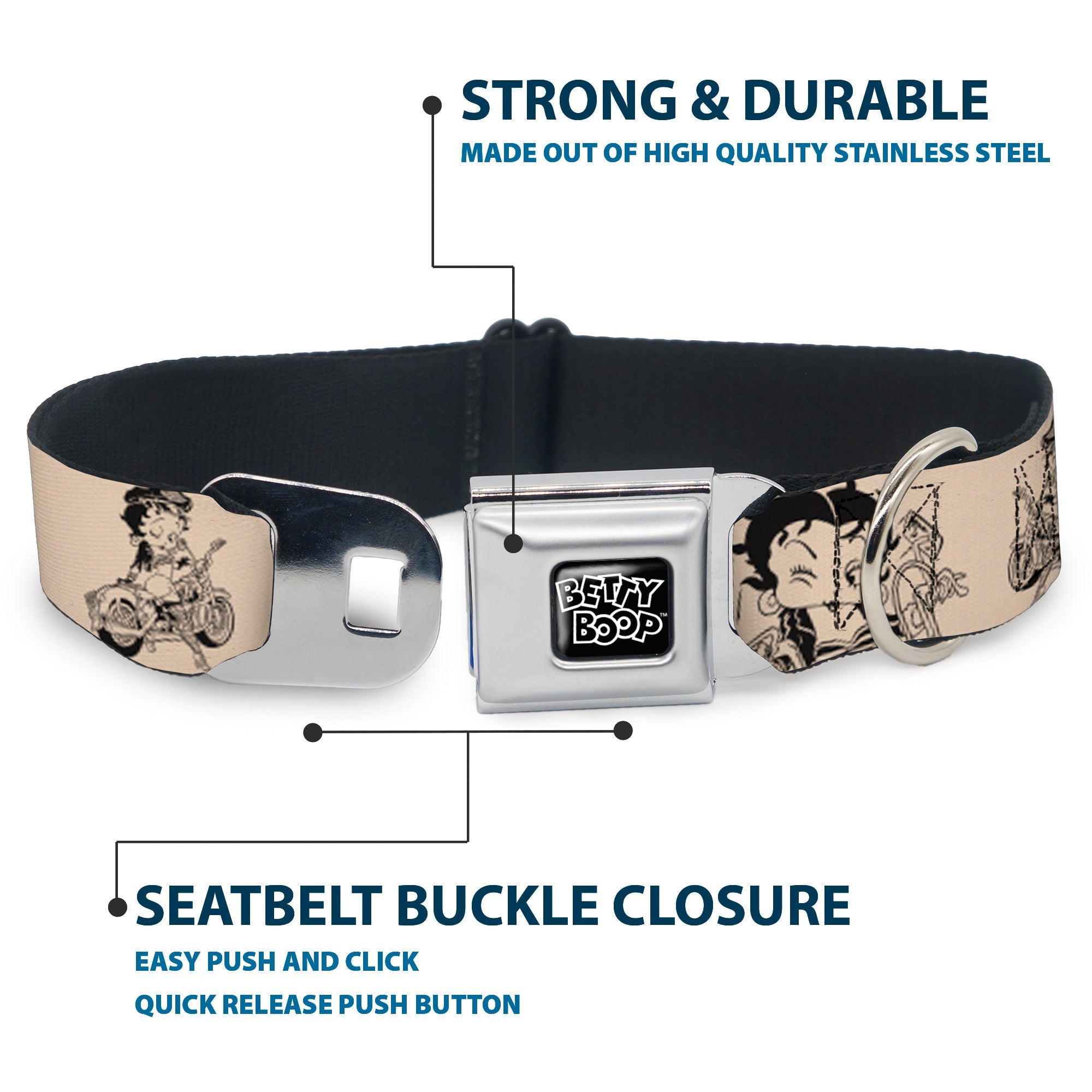 BETTY BOOP Text Heart Logo Full Color Black/White Seatbelt Buckle Collar - Betty Boop Biker Betty Poses Beige/Black