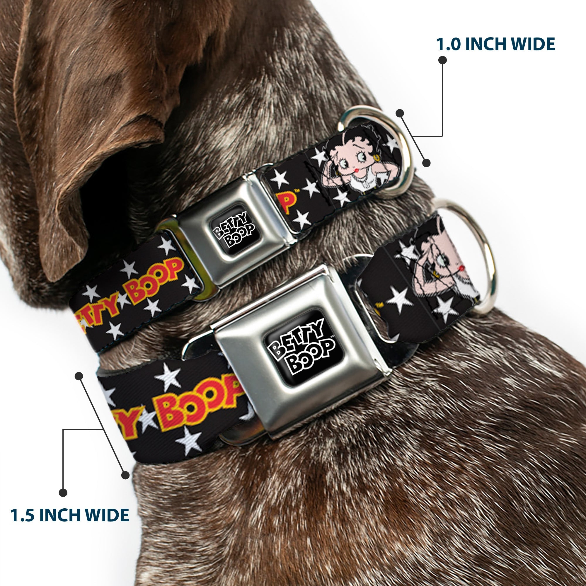 BETTY BOOP Text Heart Logo Full Color Black/White Seatbelt Buckle Collar - BETTY BOOP Salute Pose and Text Stars Black/White/Yellow/Red