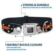 BETTY BOOP Text Heart Logo Full Color Black/White Seatbelt Buckle Collar - BETTY BOOP Salute Pose and Text Stars Black/White/Yellow/Red