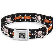 BETTY BOOP Text Heart Logo Full Color Black/White Seatbelt Buckle Collar - BETTY BOOP Salute Pose and Text Stars Black/White/Yellow/Red