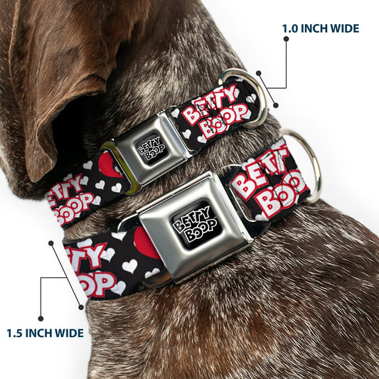 BETTY BOOP Text Heart Logo Full Color Black/White Seatbelt Buckle Collar - BETTY BOOP Face and Text Hearts Black/White/Red
