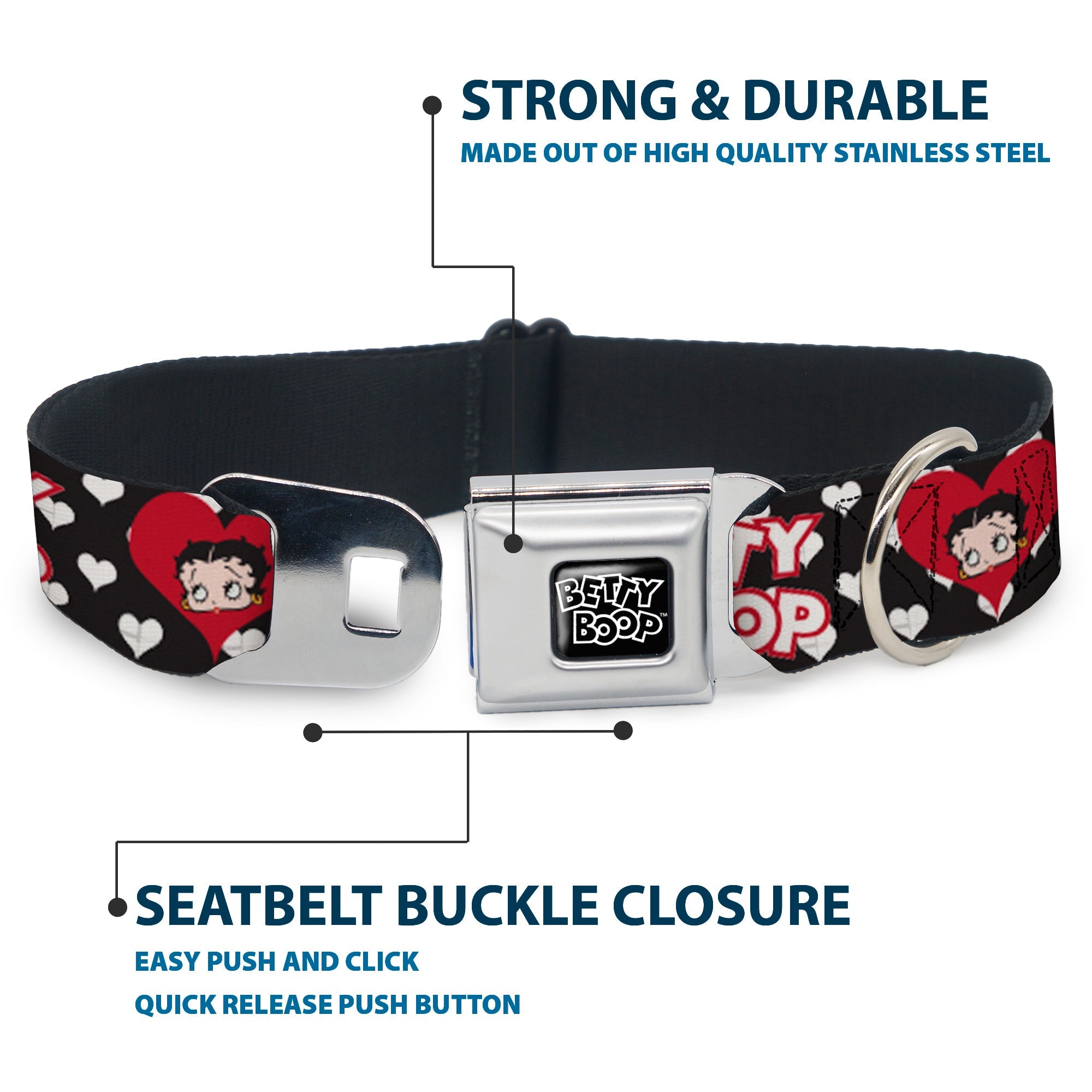 BETTY BOOP Text Heart Logo Full Color Black/White Seatbelt Buckle Collar - BETTY BOOP Face and Text Hearts Black/White/Red