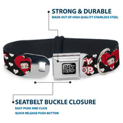 BETTY BOOP Text Heart Logo Full Color Black/White Seatbelt Buckle Collar - BETTY BOOP Face and Text Hearts Black/White/Red