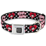 BETTY BOOP Text Heart Logo Full Color Black/White Seatbelt Buckle Collar - BETTY BOOP Face and Text Hearts Black/White/Red