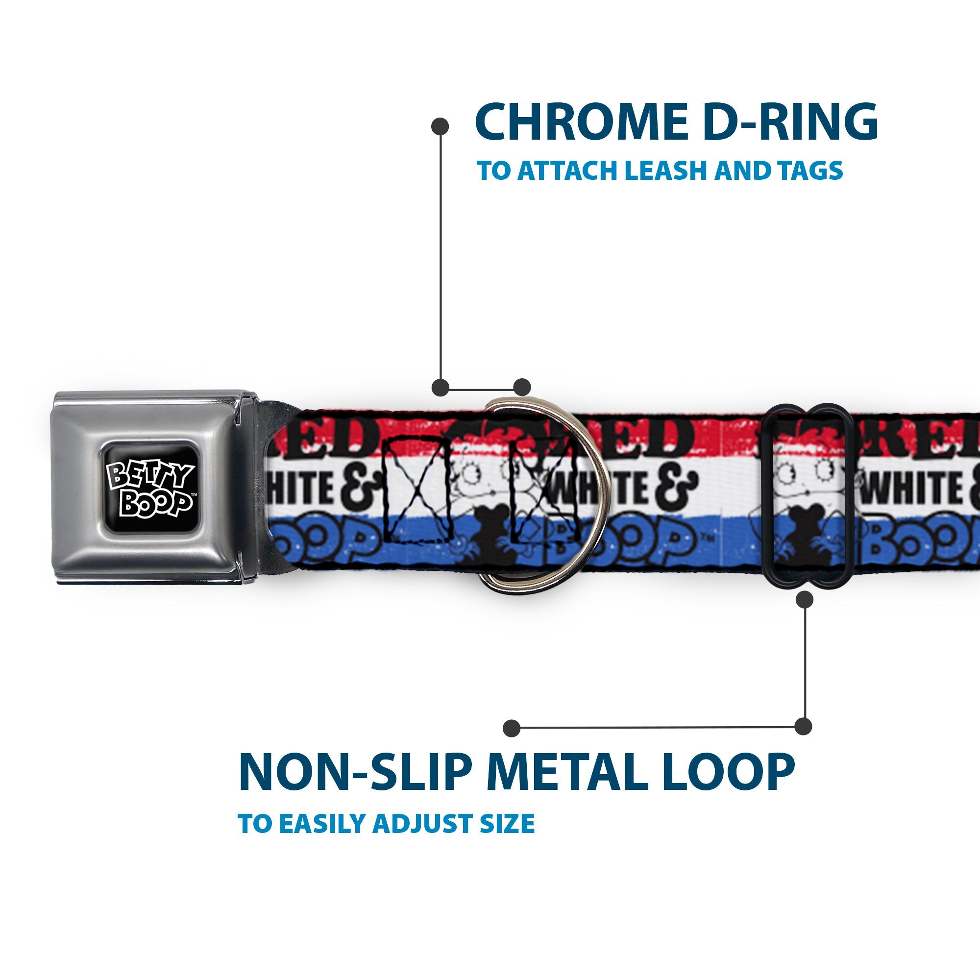 BETTY BOOP Text Heart Logo Full Color Black/White Seatbelt Buckle Collar - Betty Boop RED WHITE & BOOP Pose Americana Stripe Red/White/Blue/Black