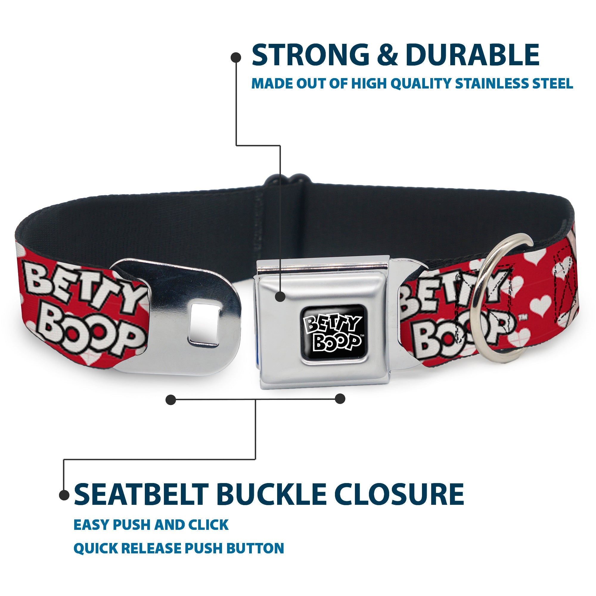 BETTY BOOP Text Heart Logo Full Color Black/White Seatbelt Buckle Collar - BETTY BOOP Seated Leg Kick Pose and Text Hearts Red/White/Black